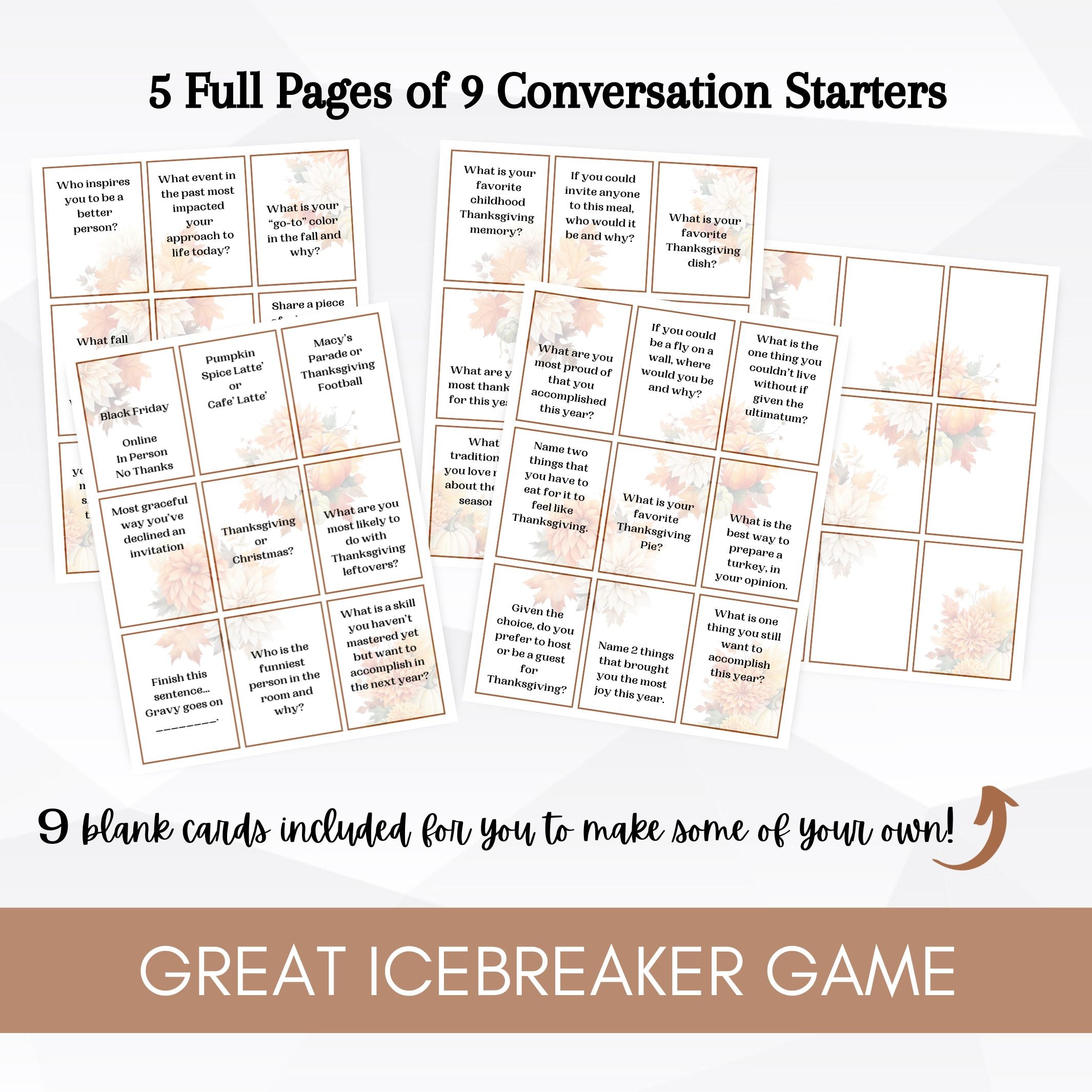 set of 5 pages of thanksgiving conversation starters