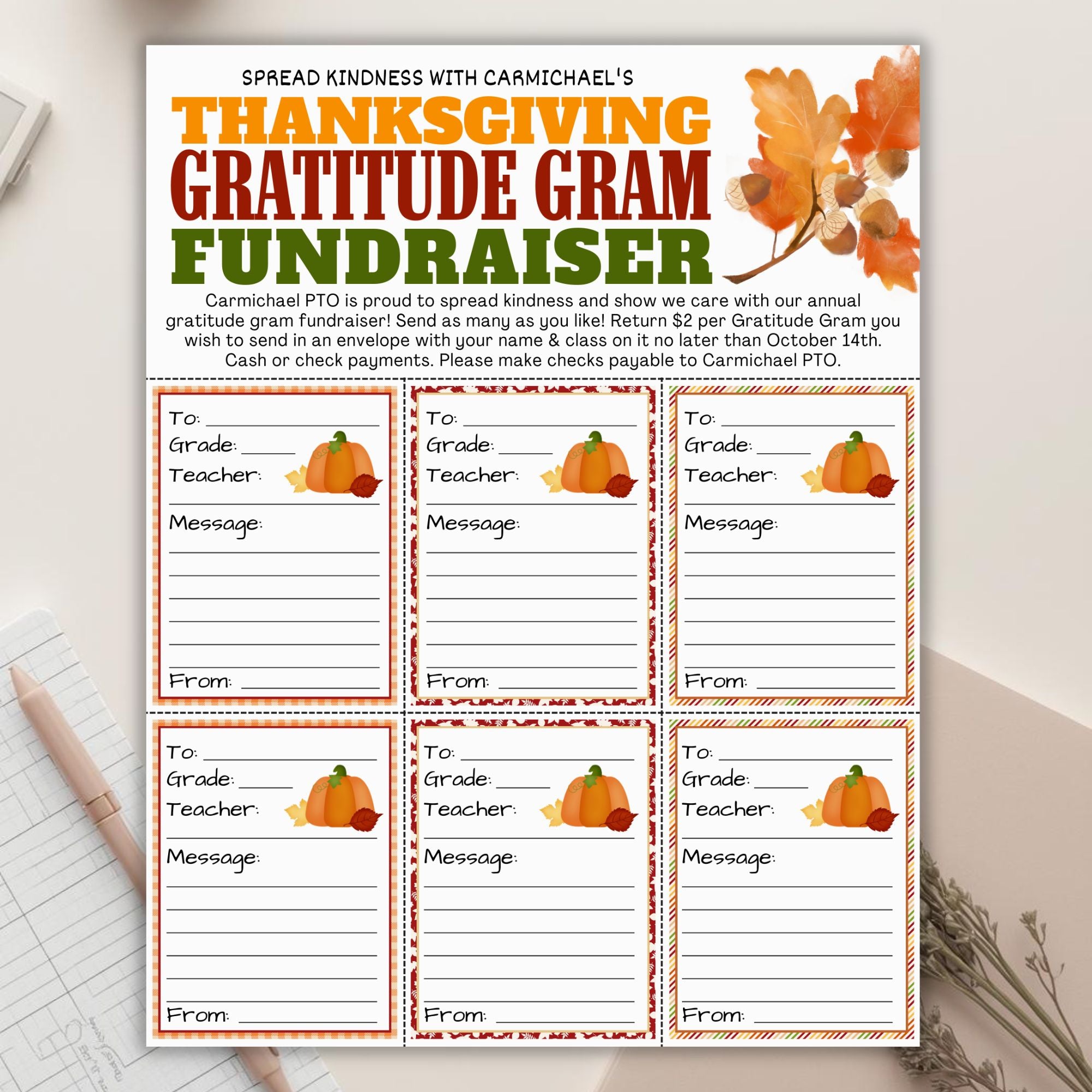 Thanksgiving Gratitude Gram Fundraiser flyer with pumpkins and autumn leaves on a white surface.