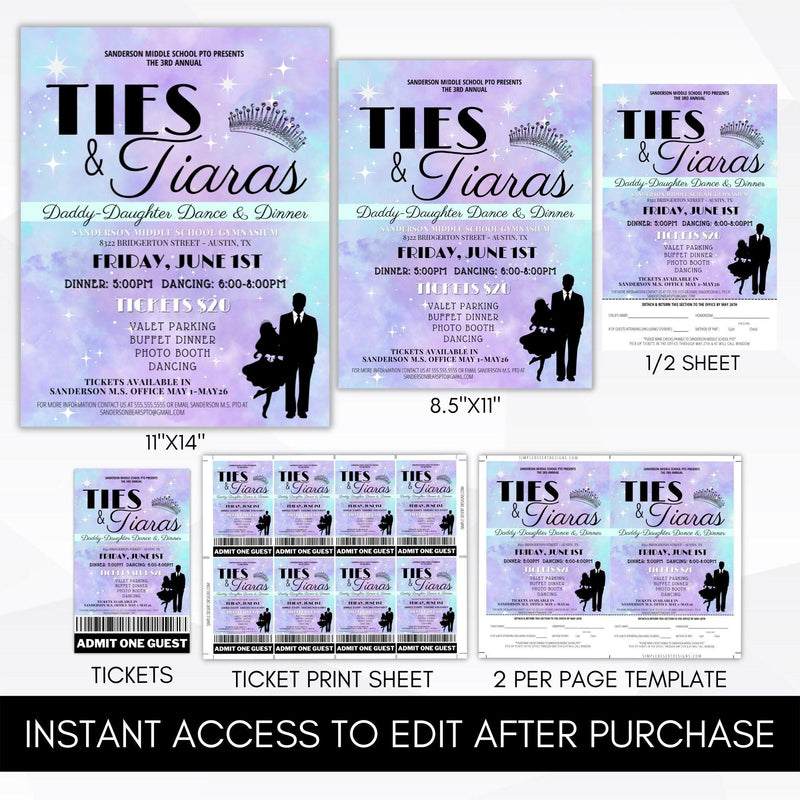 spring fathers day fundraiser idea daddy daughter dance flyer ticket sign bundle editable template digital download
