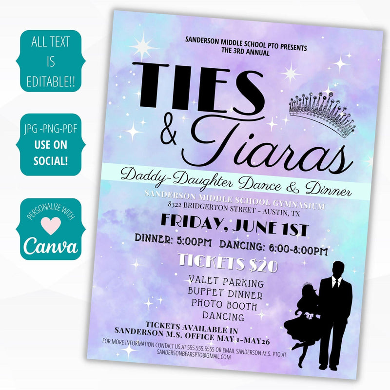 father daughter community school dance fathers day event poster flyer sign