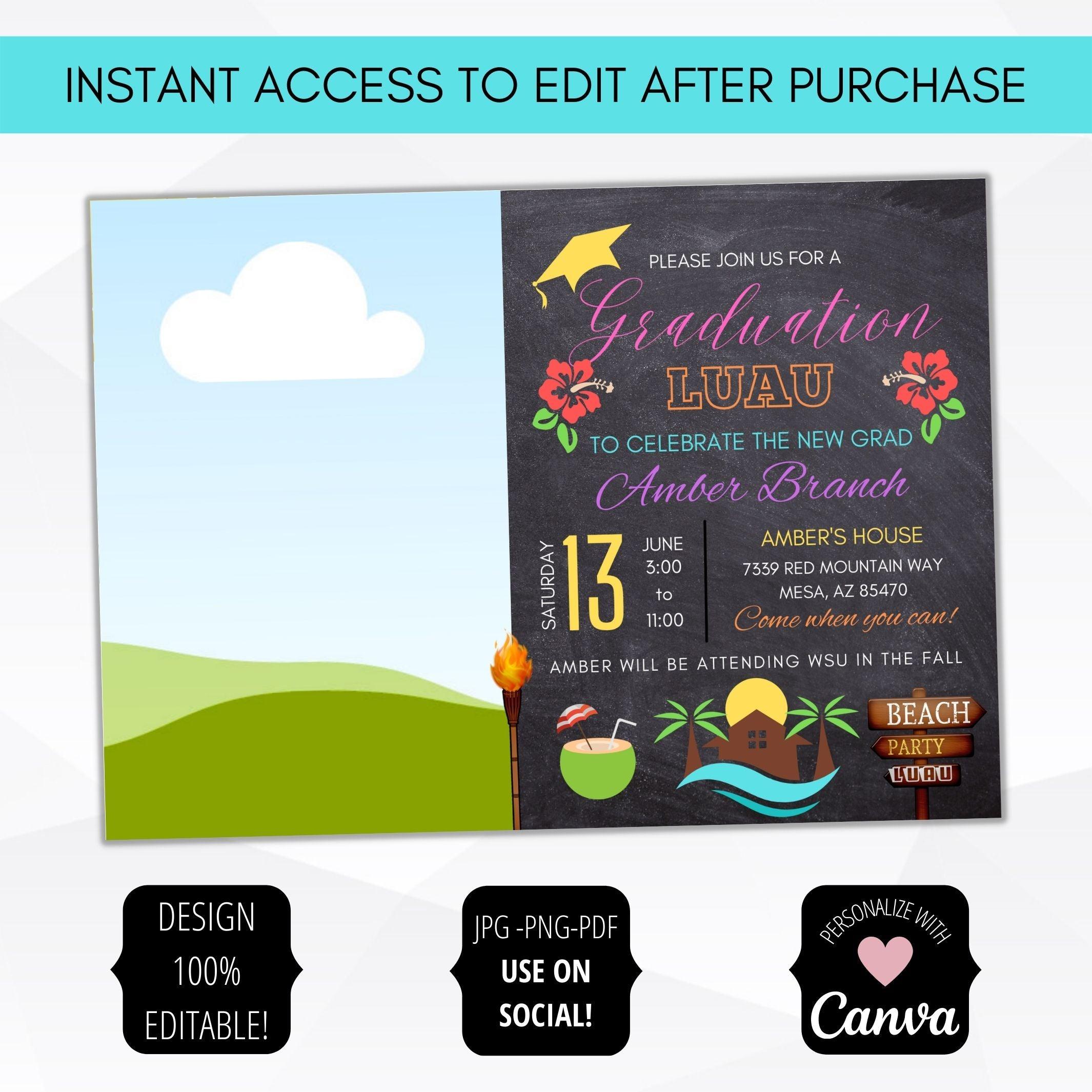 tropical beach theme hawaiian graduation invitation template with picture