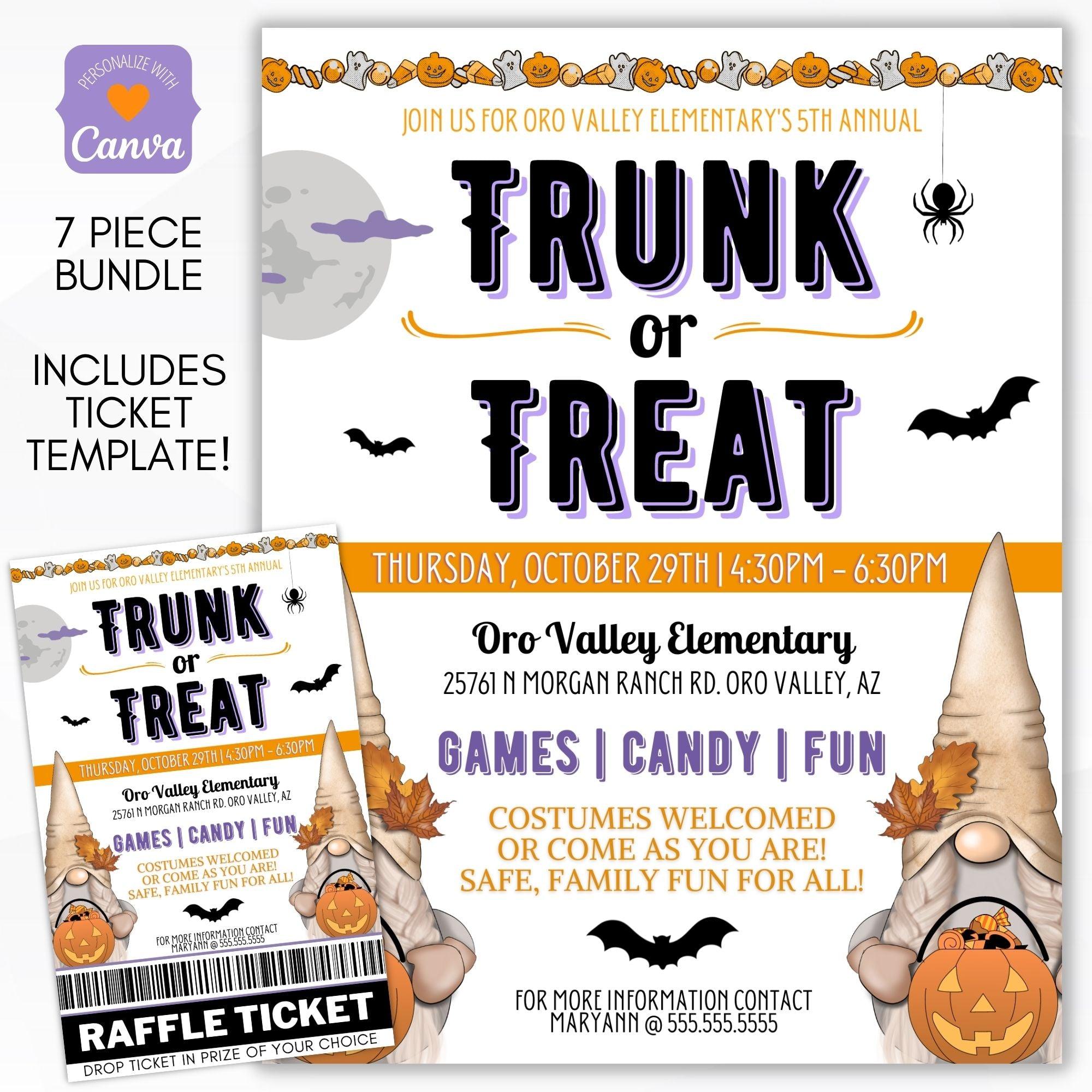 trunk or treat fundraiser event invitation flyer set for business, community, neighborhood, school PTO/PTA/PTC or charity fundraising event