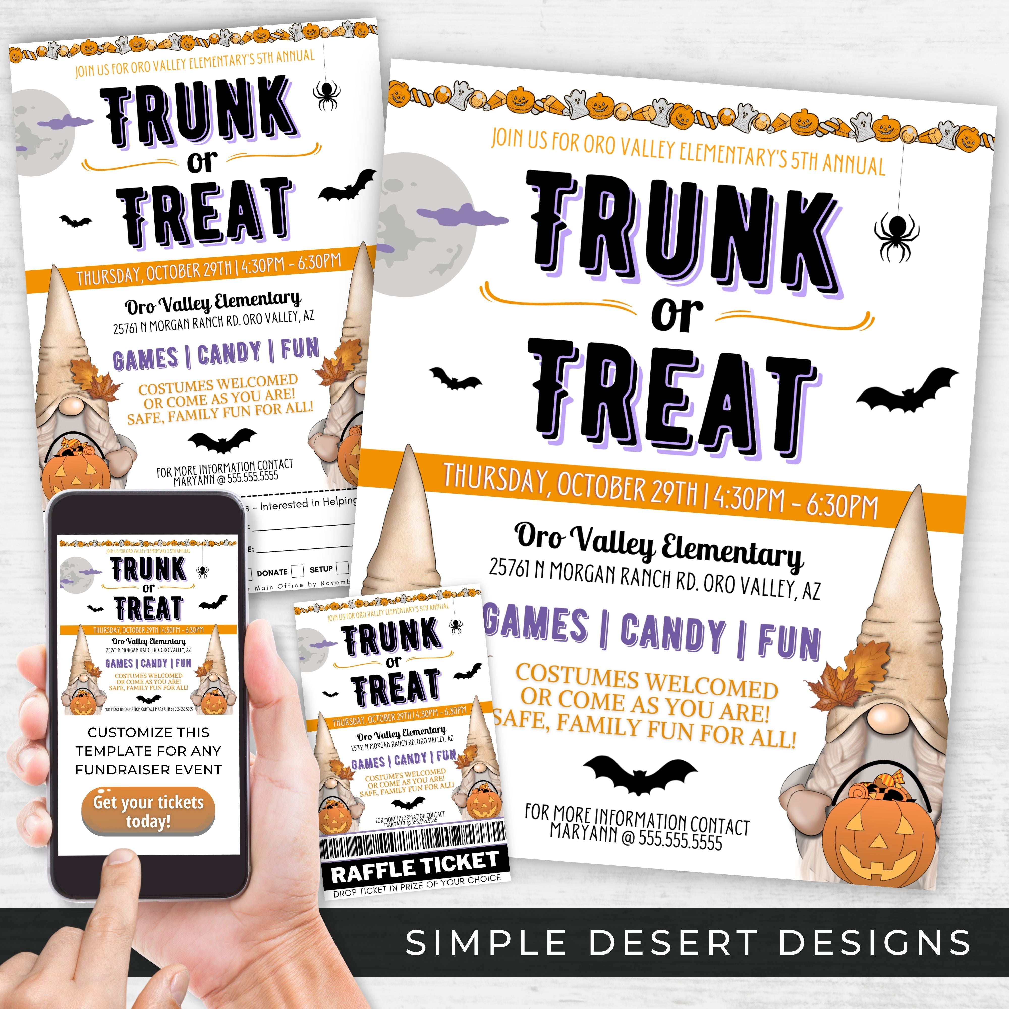 cute halloween trunk or treat flyer and ticket template bundle for halloween event