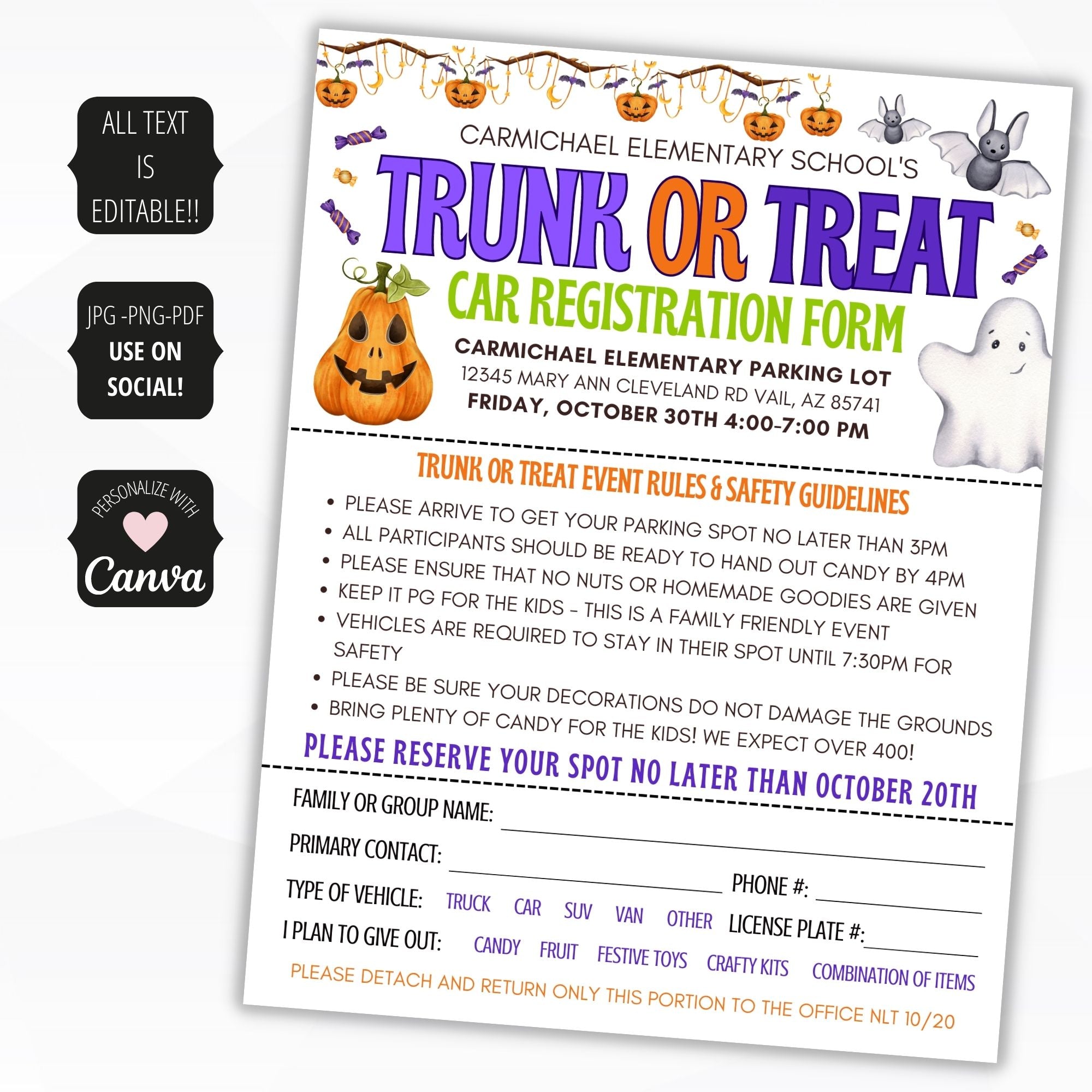 trunk or treat form with flyers for church or school halloween event