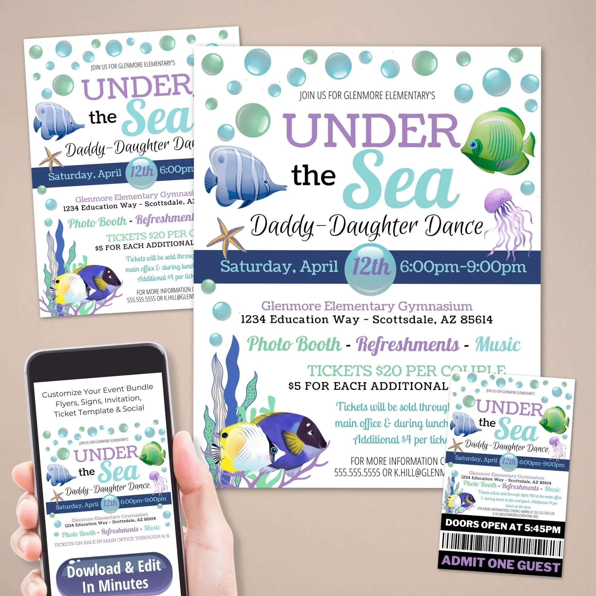 Under the Sea Daddy-Daughter Dance event flyer with phone displaying customizable event details for editable school dance event bundle.
