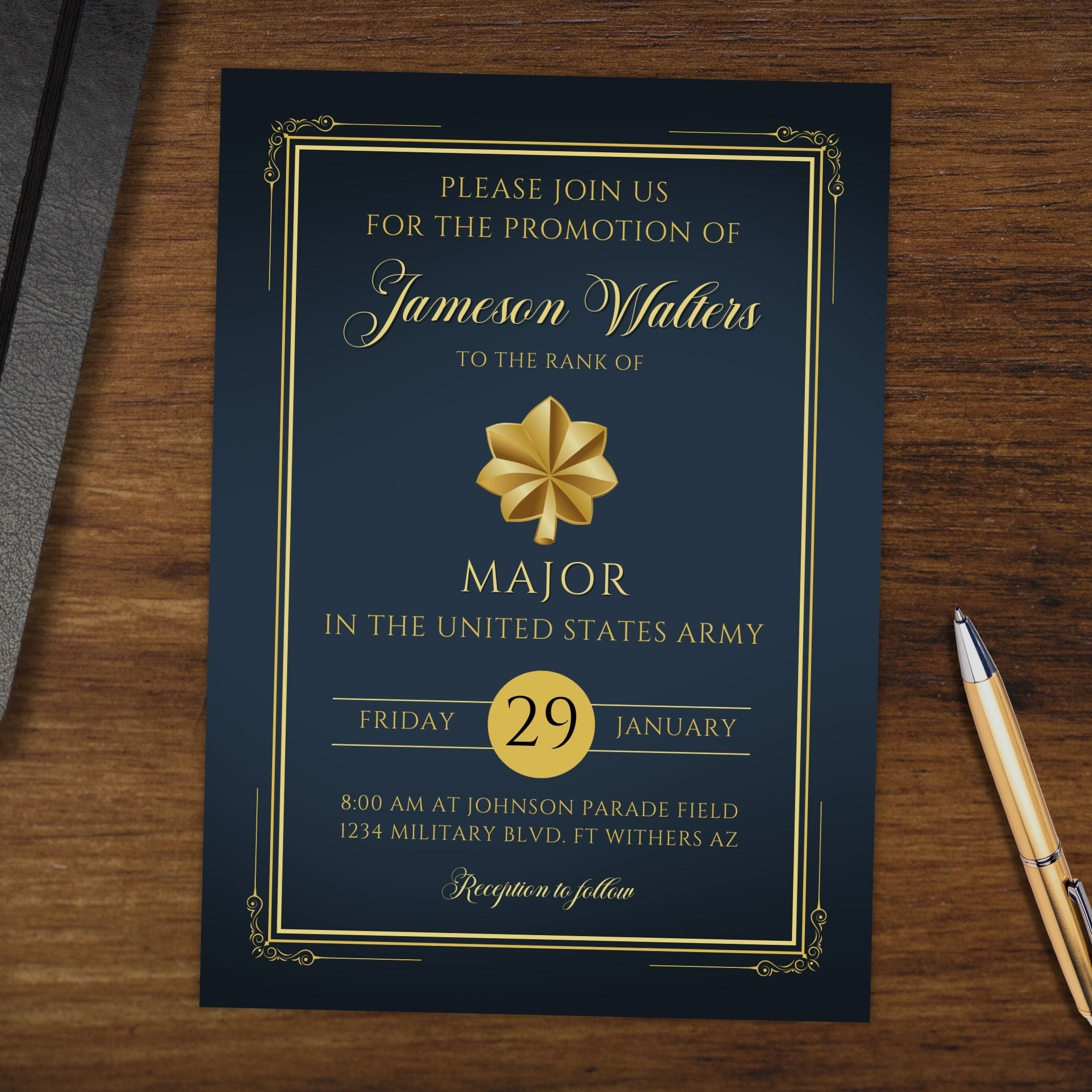 Elegant navy blue and gold invitation card for a promotion ceremony on a wooden surface with a pen.