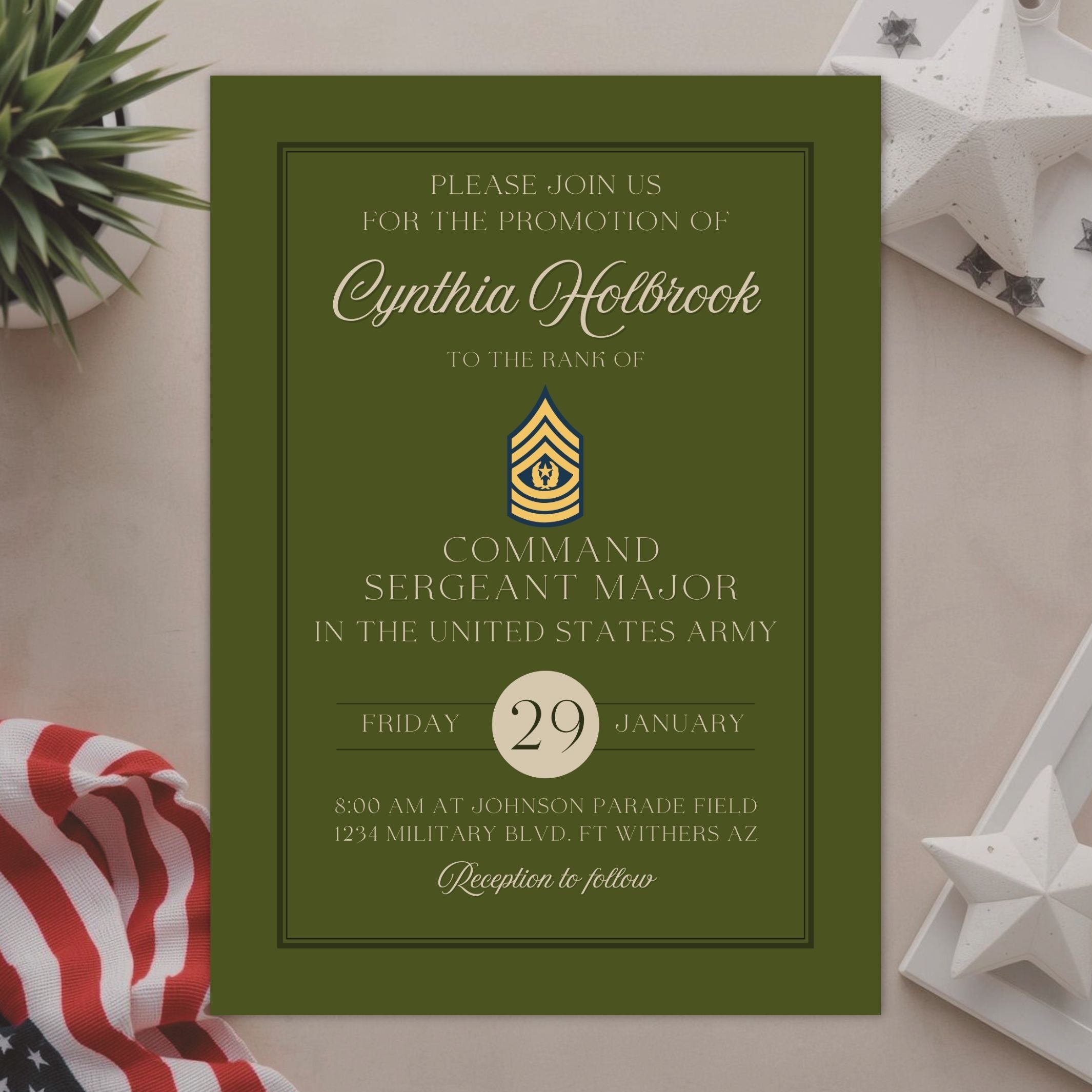 us army promotion invitation template with green and khaki formal design
