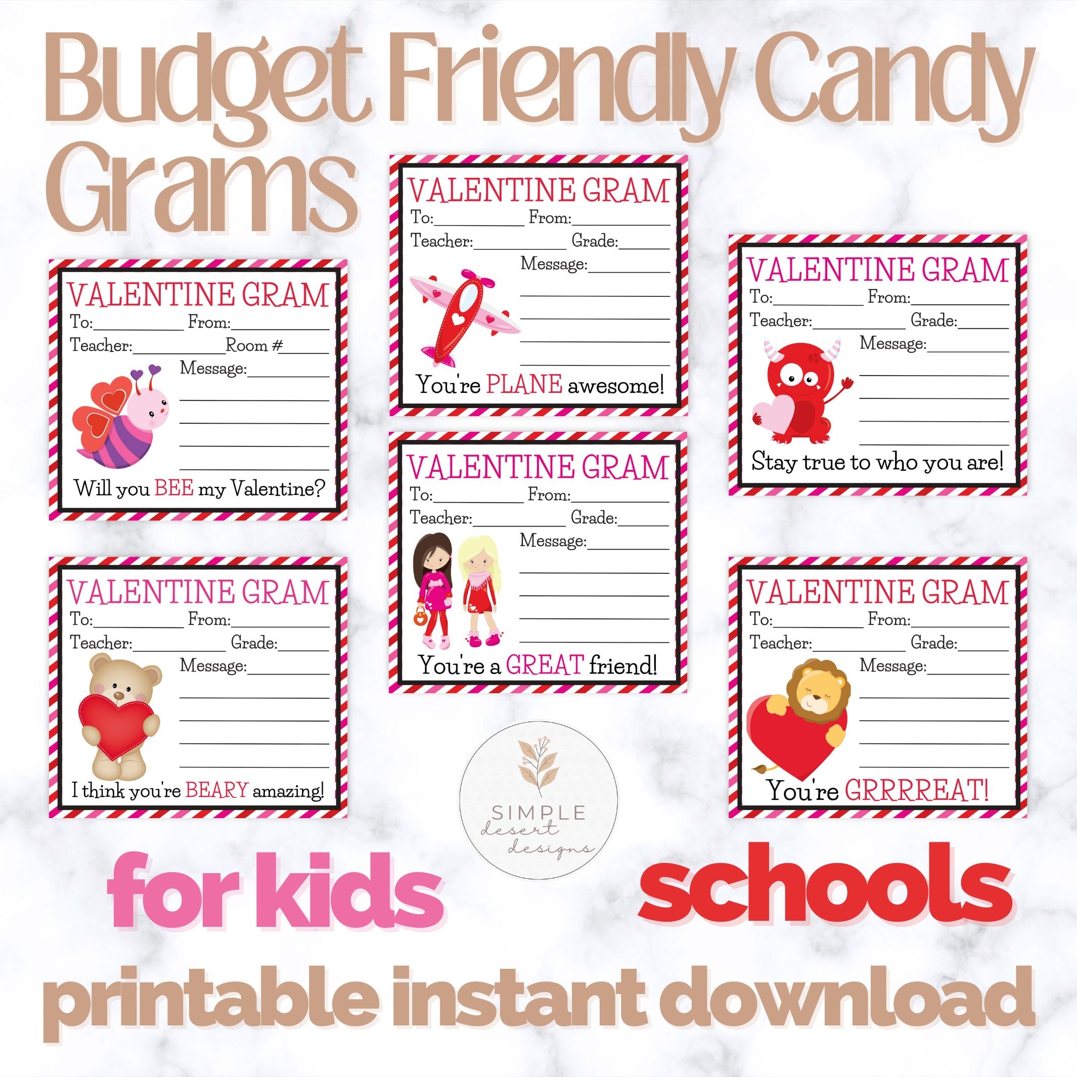 Valentine's Day cards for kids with text and graphics on a white background