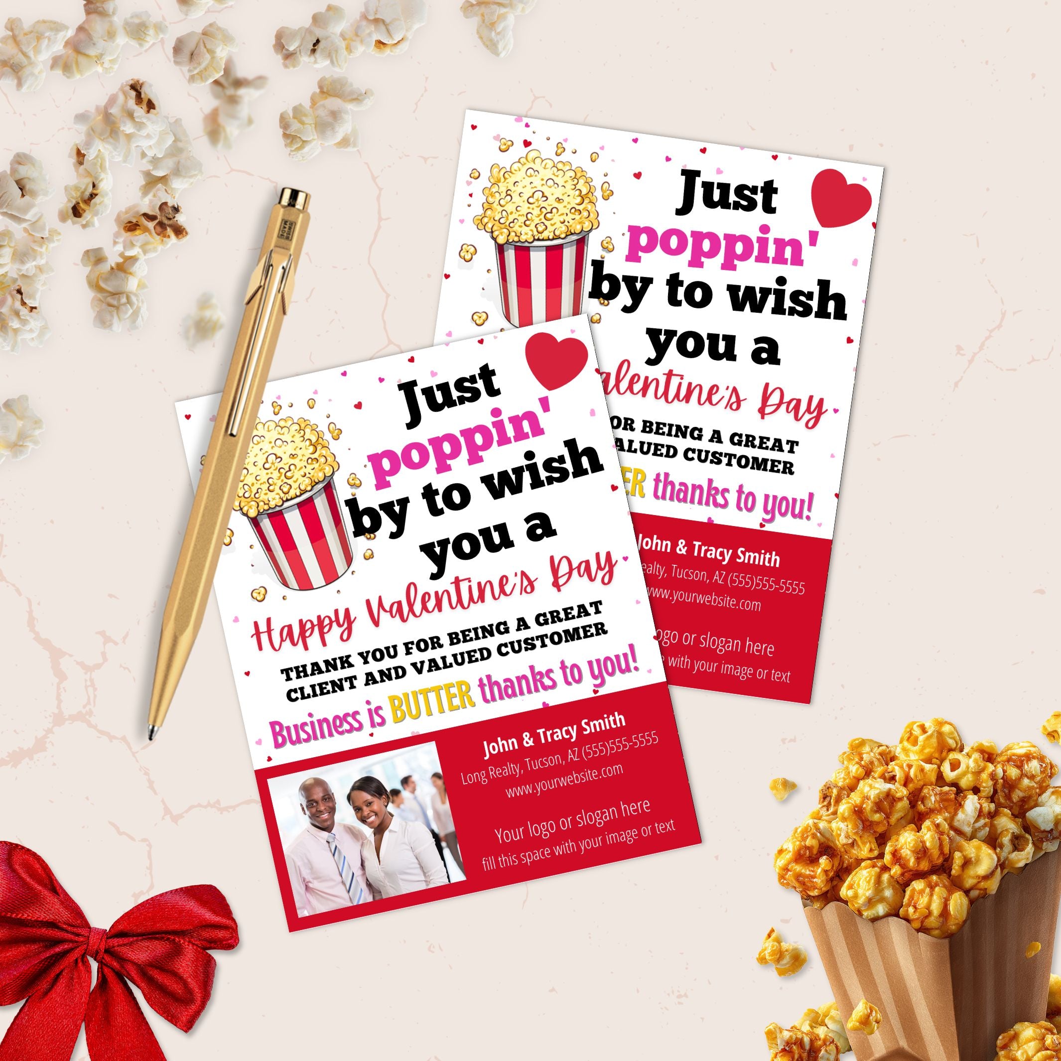 valentines theme pop by cards with popcorn theme with built in business card for real estate agents and small business customer appreciation gifts