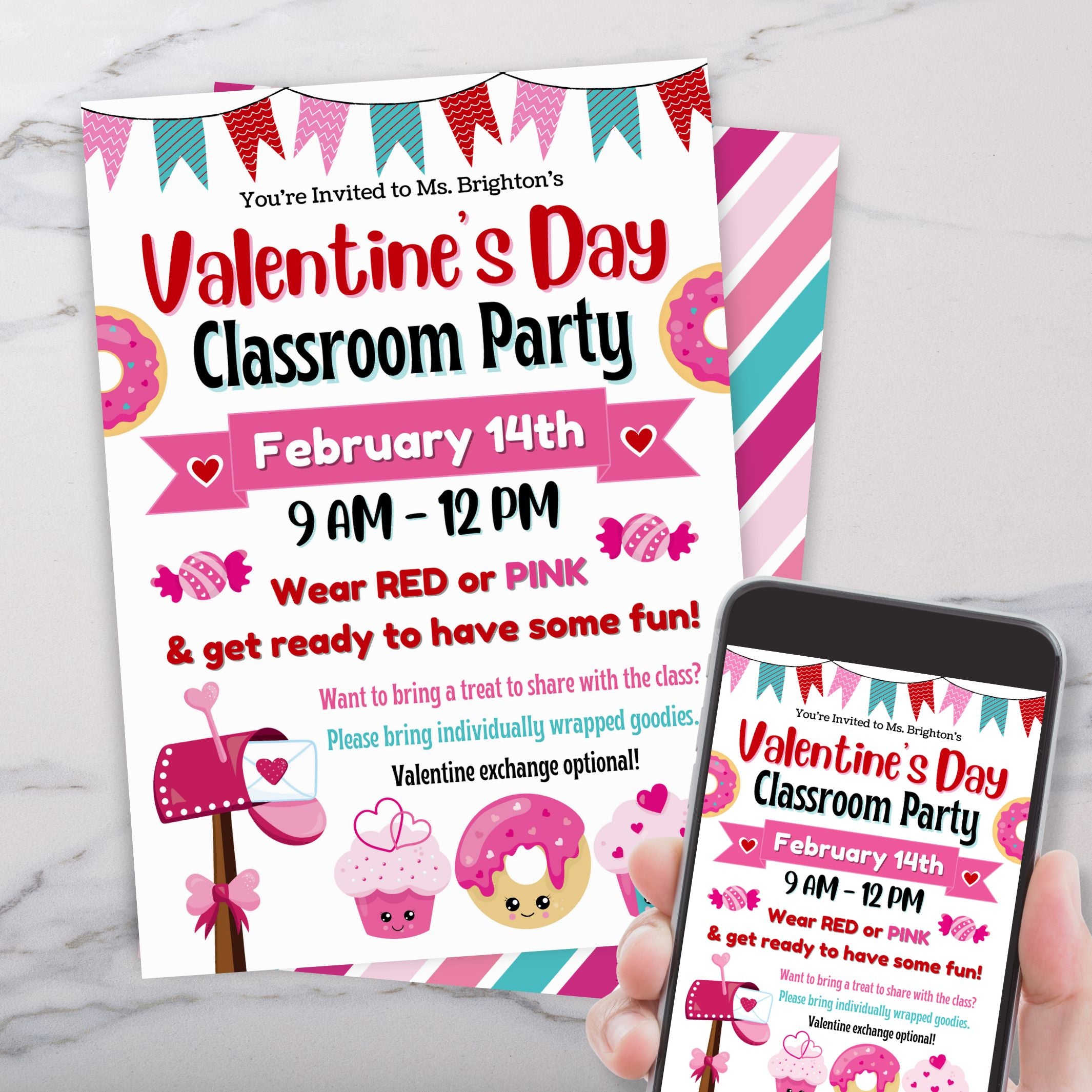 Valentine's Day classroom party invitation with donut and heart graphics on a white background displayed printed and on phone.
