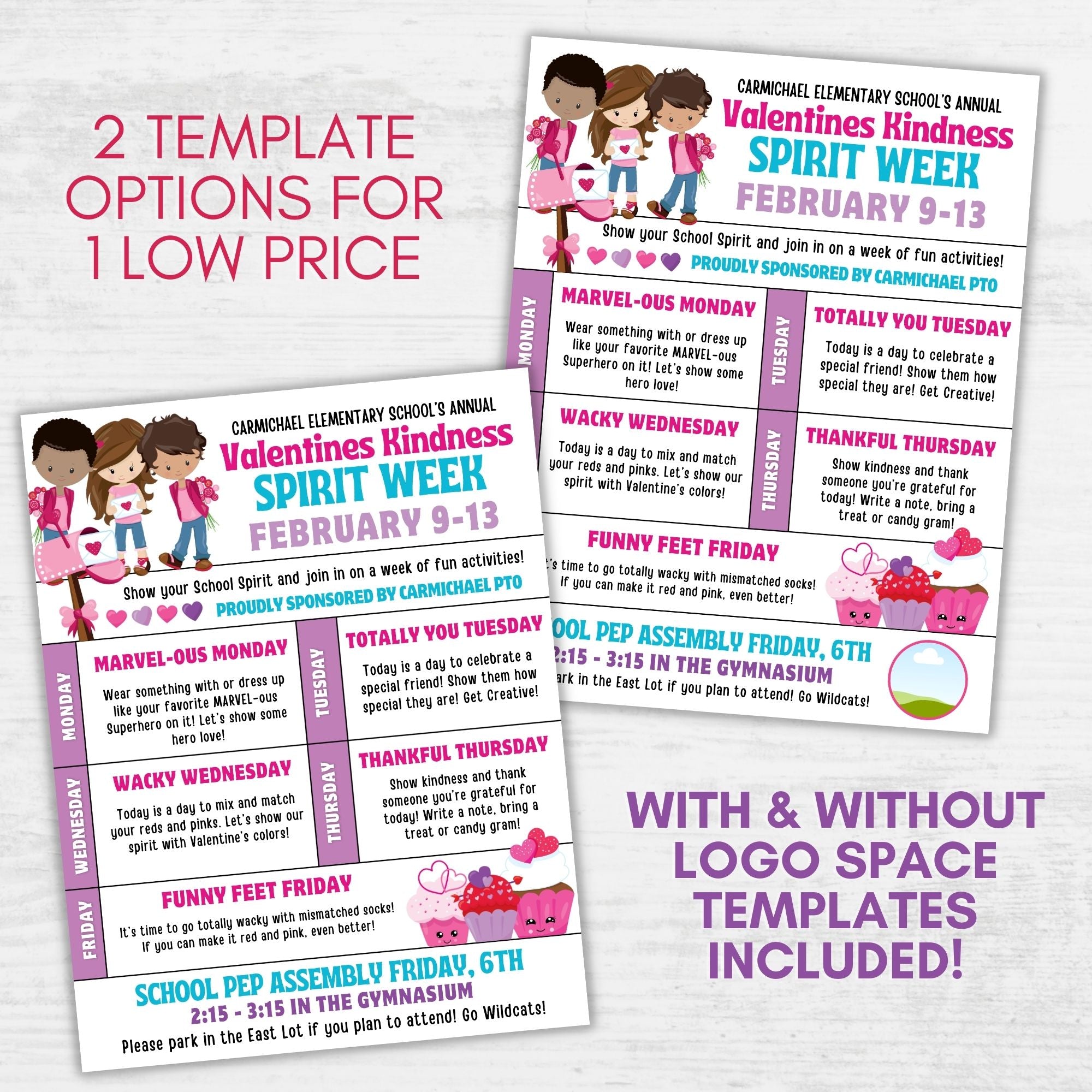 two templates for the price of one with and without logo space for february spirit week flyers