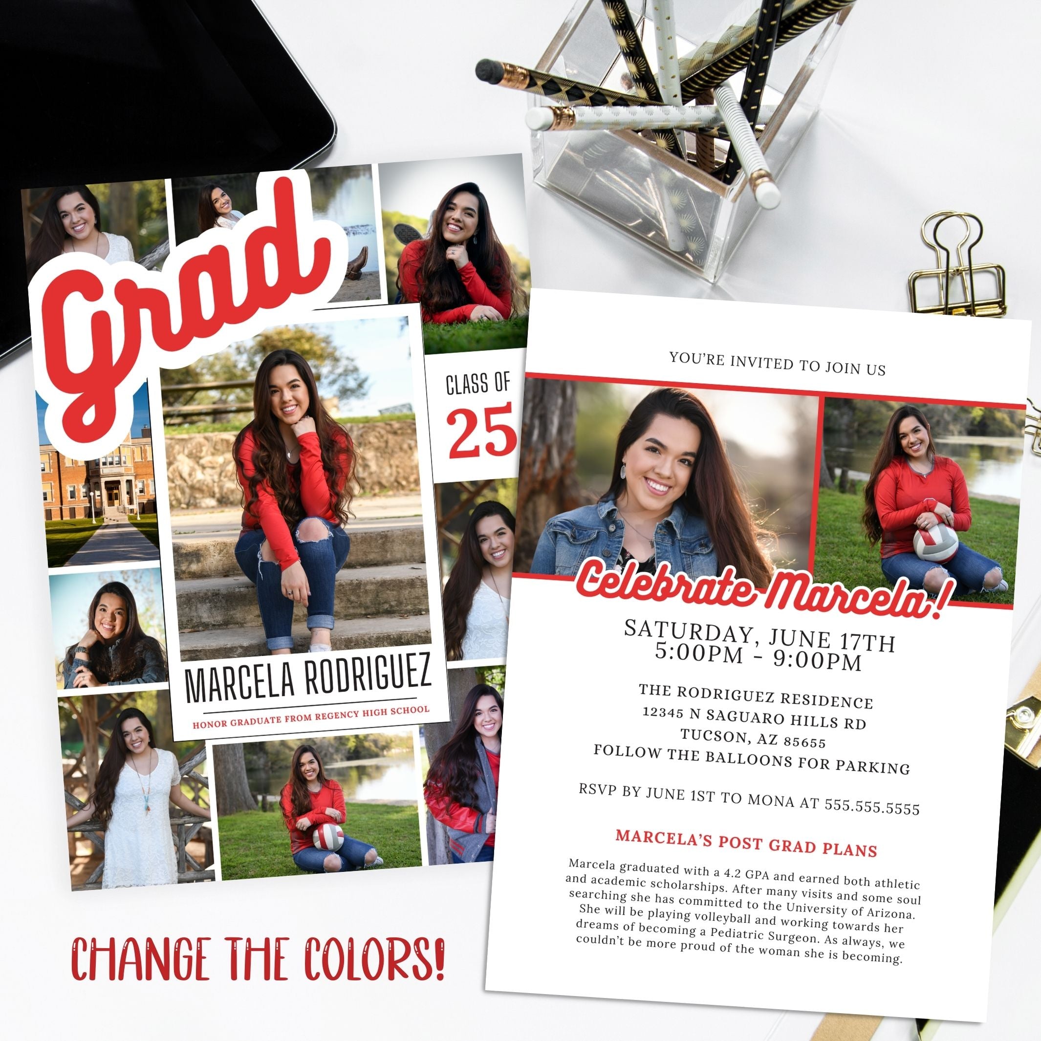 high school college athlete graduation invitations with photo collage and custom colors to match your team school mascot