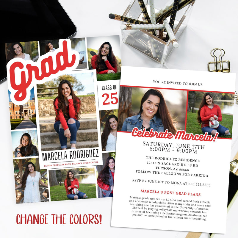 high school college athlete graduation invitations with photo collage and custom colors to match your team school mascot