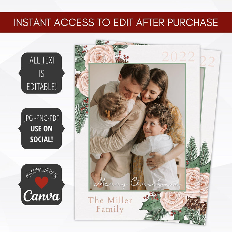 vintage pink floral merry christmas card