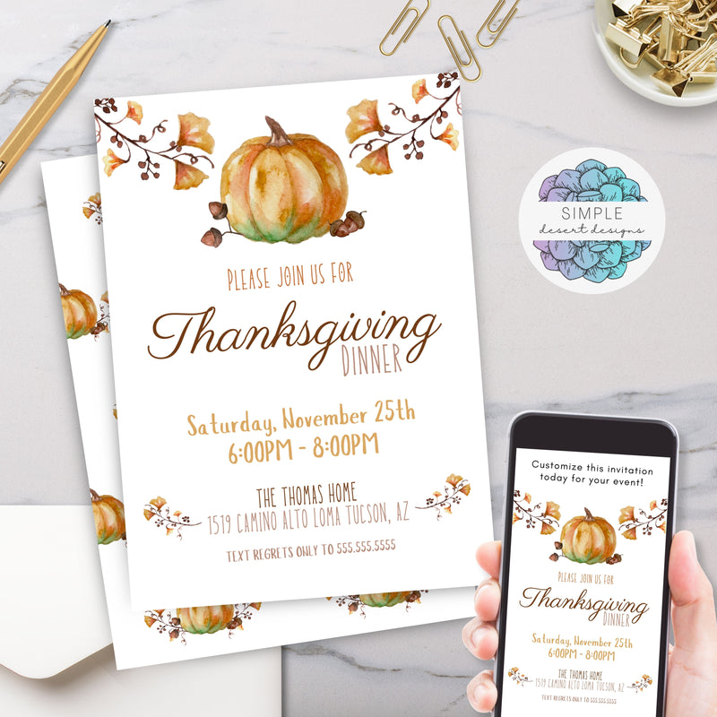vintage pumpkin acorns and fall floral thanksgiving fall dinner party invitations digital and printed