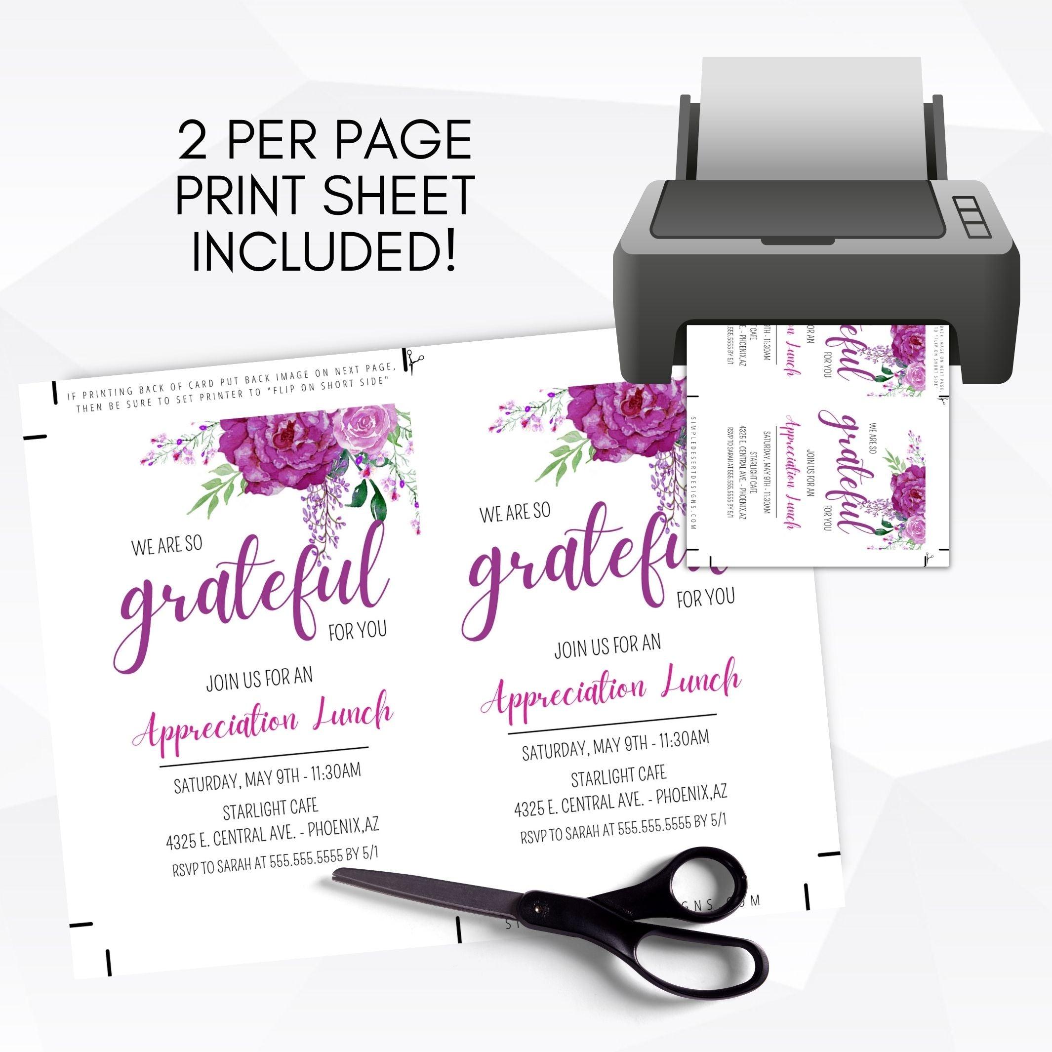 we are grateful for you appreciation luncheon brunch dinner event invitation floral purple rose wildflowers