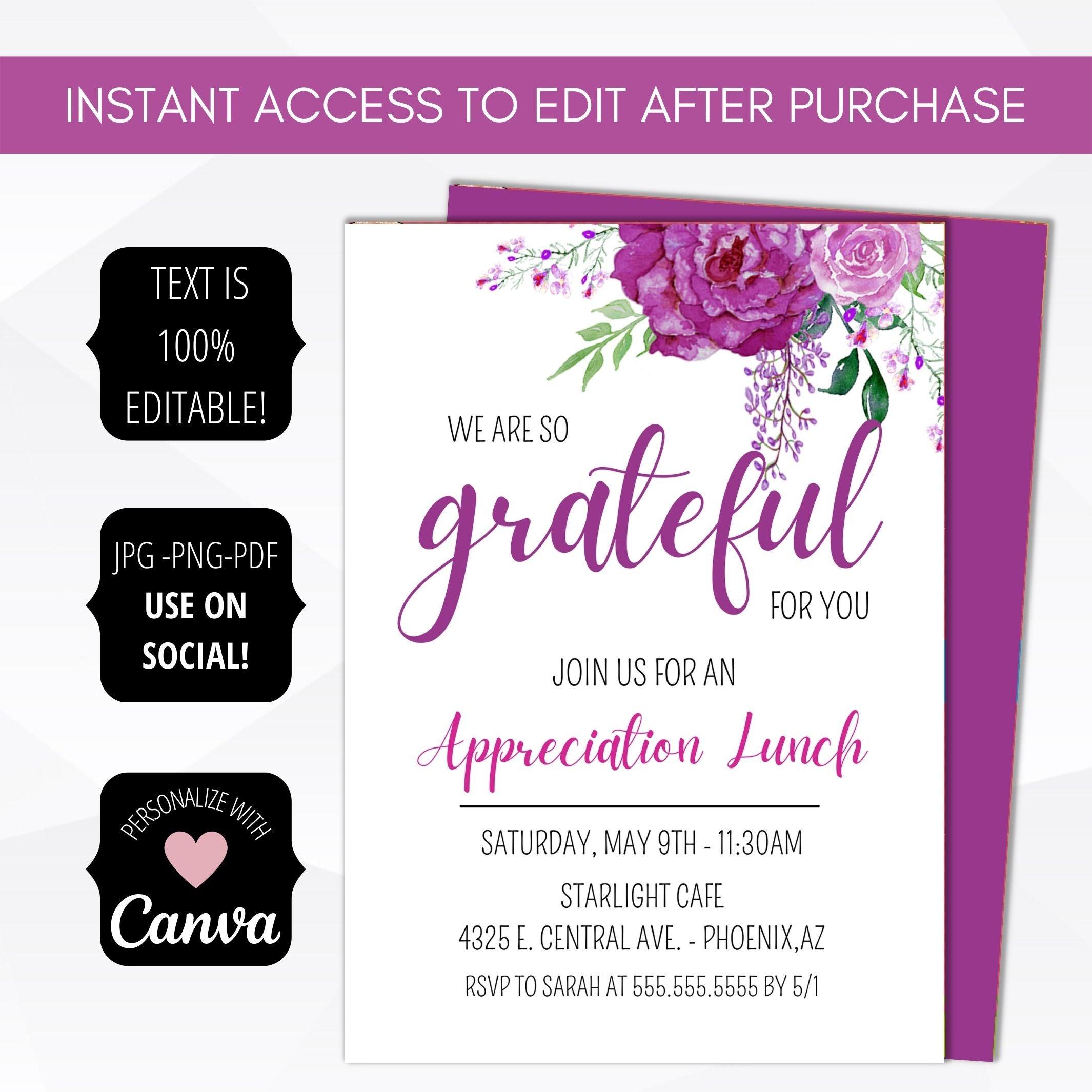 employee staff nurse volunteer teacher appreciation week invitation floral purple roses wildflower