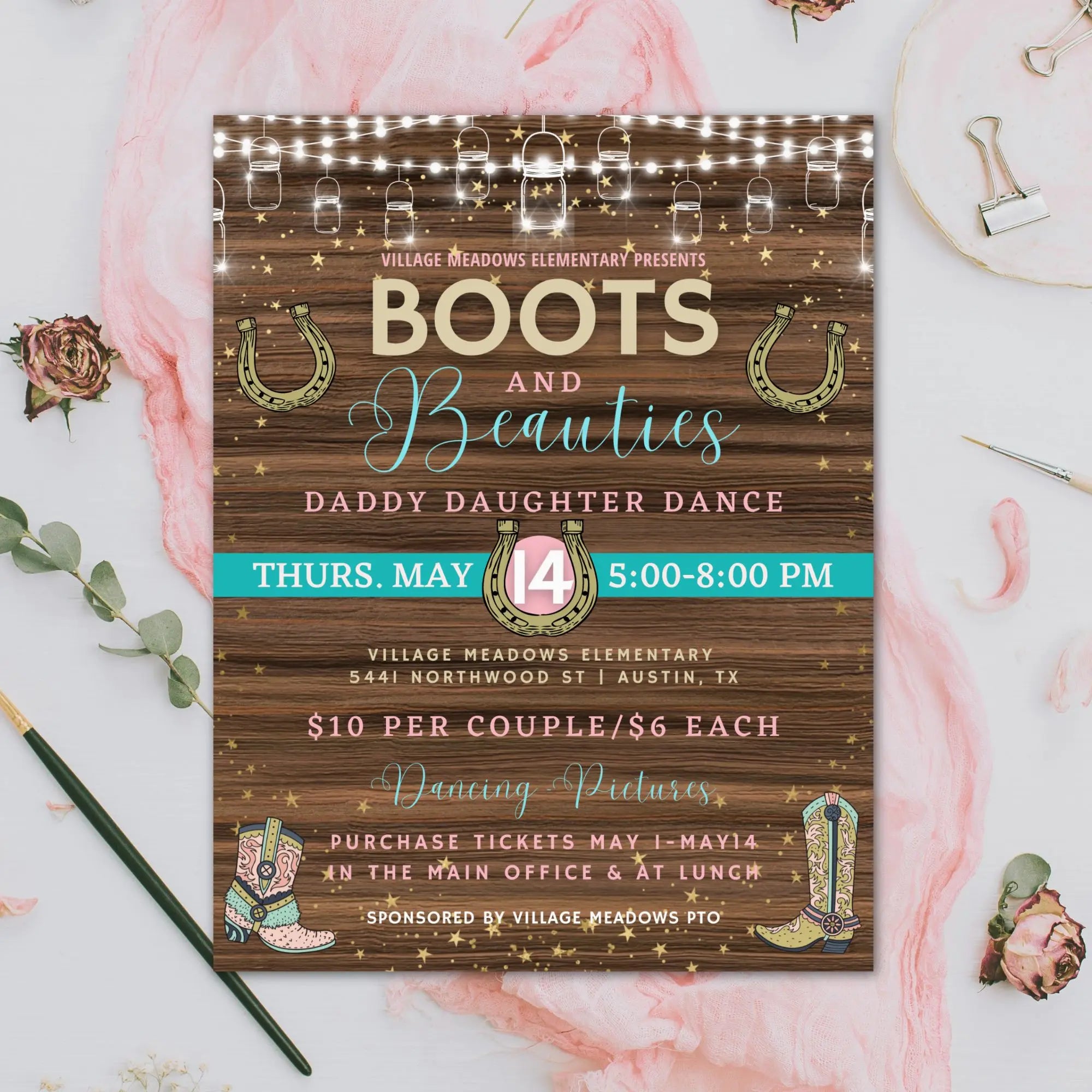 Invitation for a Daddy Daughter Dance event with cowboy boot and horseshoe graphics on a wooden background.