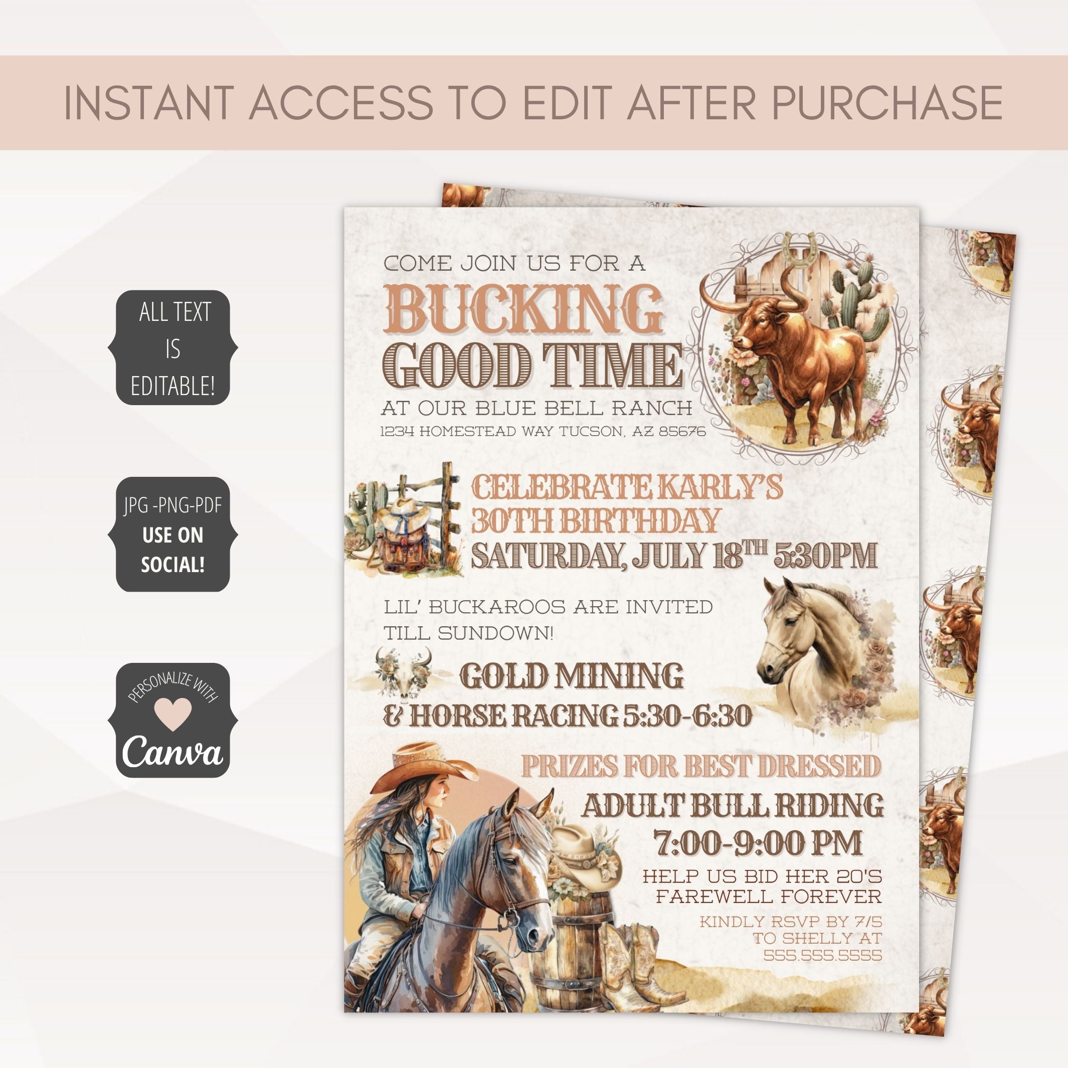 Rustic western theme birthday party invitation with editable text in Canva printed on cream surface perfect for cowgirls and horse theme birthday party invitations for her.