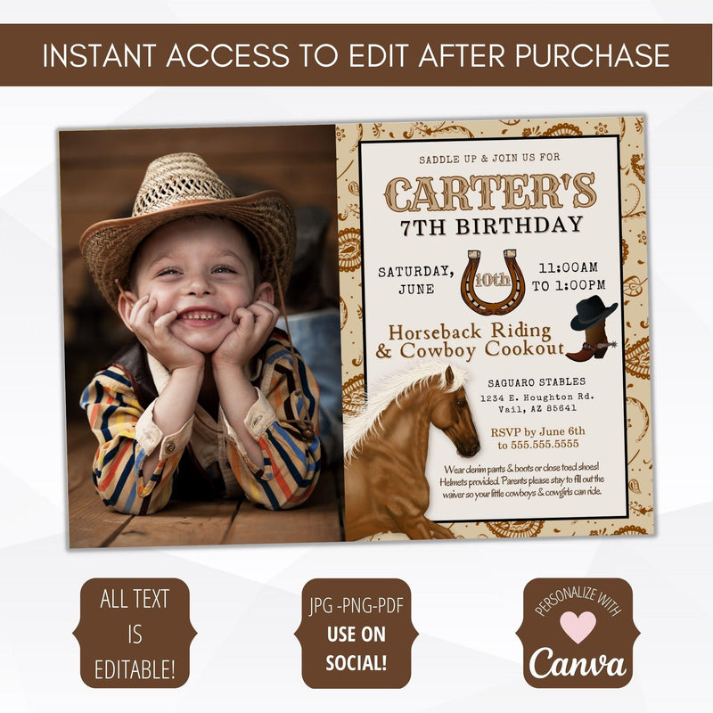 horseback riding party photo invitation