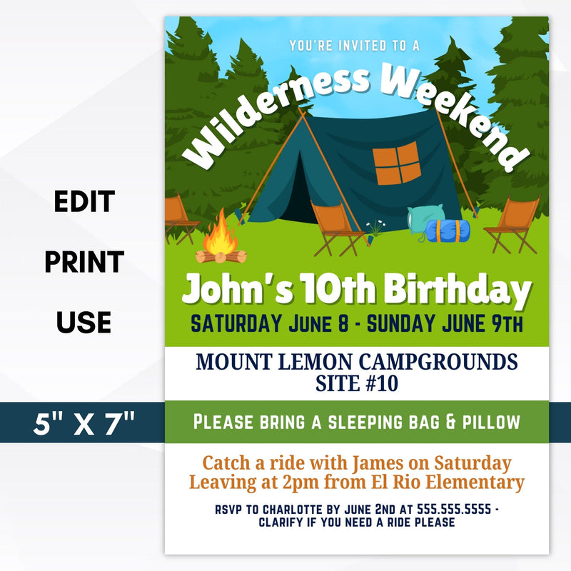 camping party invitations for boy or girl birthday party campout style