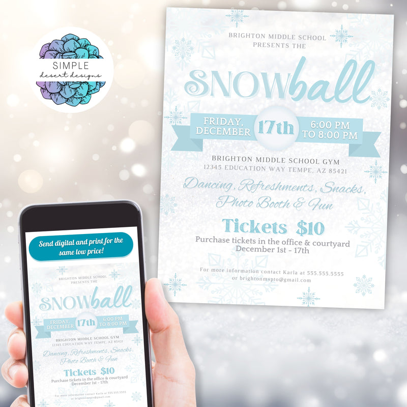 Create the *picture-perfect* winter gala with this festive set of winter dance flyers! Perfect for your winter wonderland extravaganza, Xmas holiday party, daddy-daughter dance or church Christmas event. Fully customizable text and twinkling snowflake graphics in two sizes to make your event shine! Easy editing and 300 dpi printing for crisp & clean results. Make it a special one with this dazzling set of winter flyer designs!