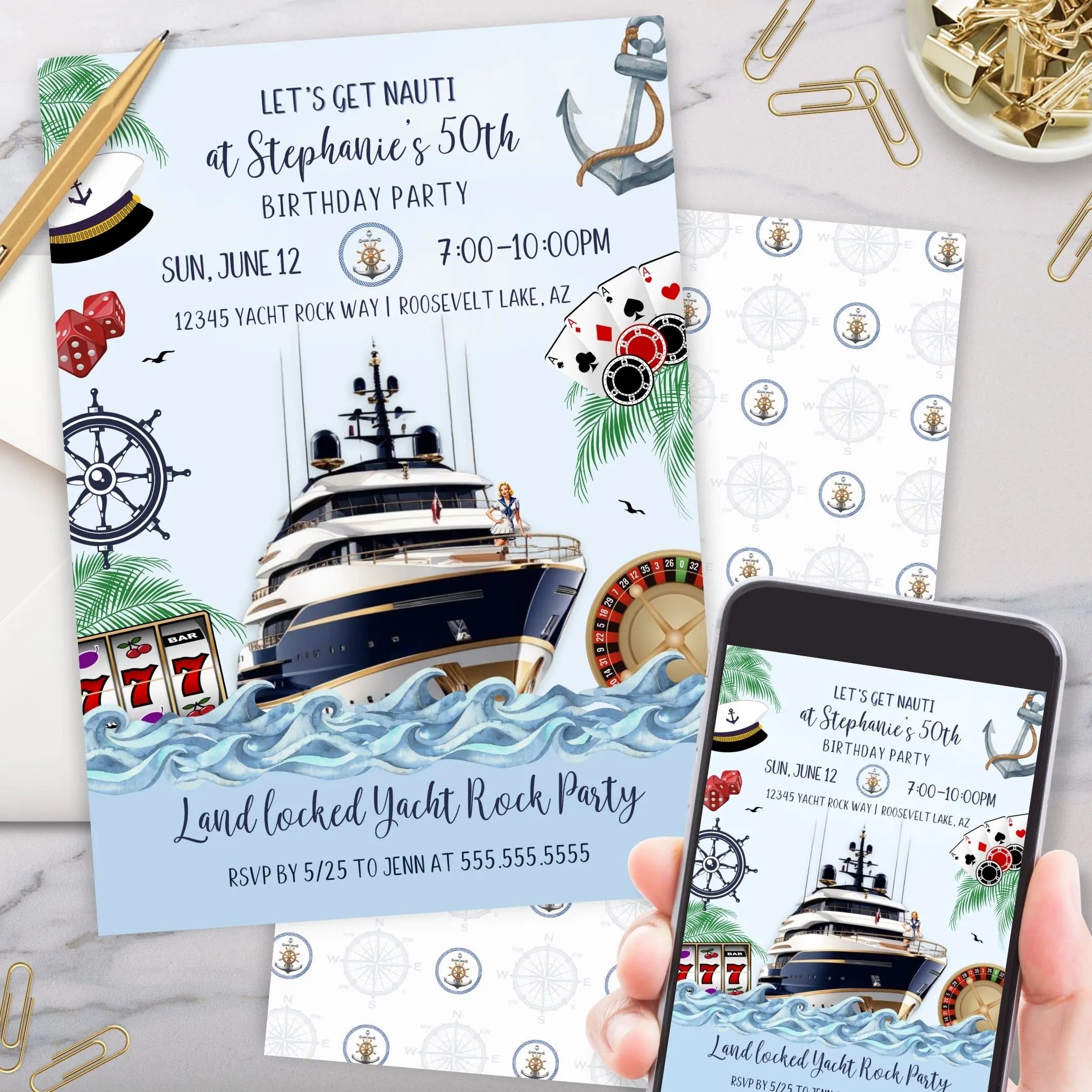 Yacht-themed birthday party invitation with a phone displaying the same design on a marble surface.