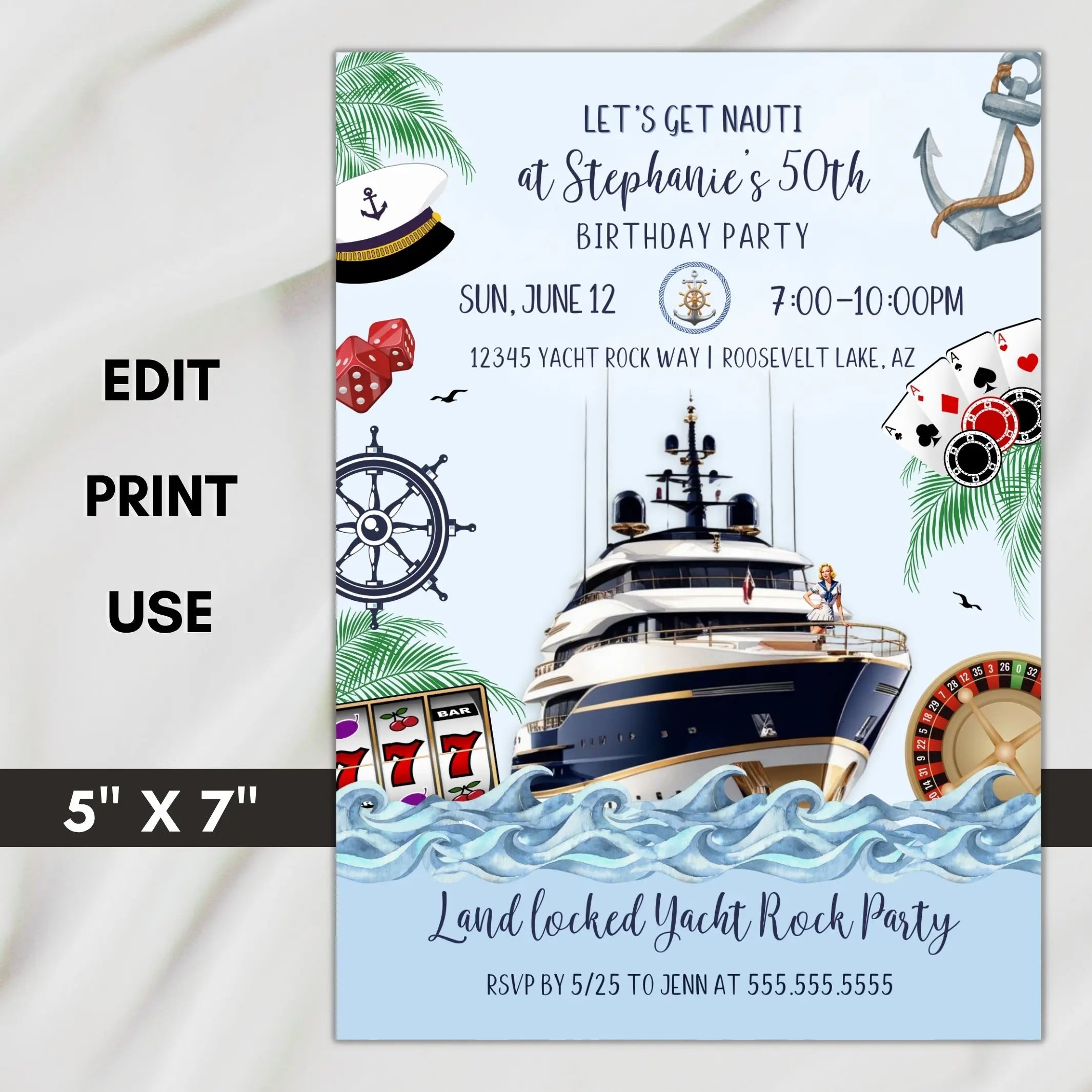 Birthday party invitation with yacht, palm trees, and party details on a white background