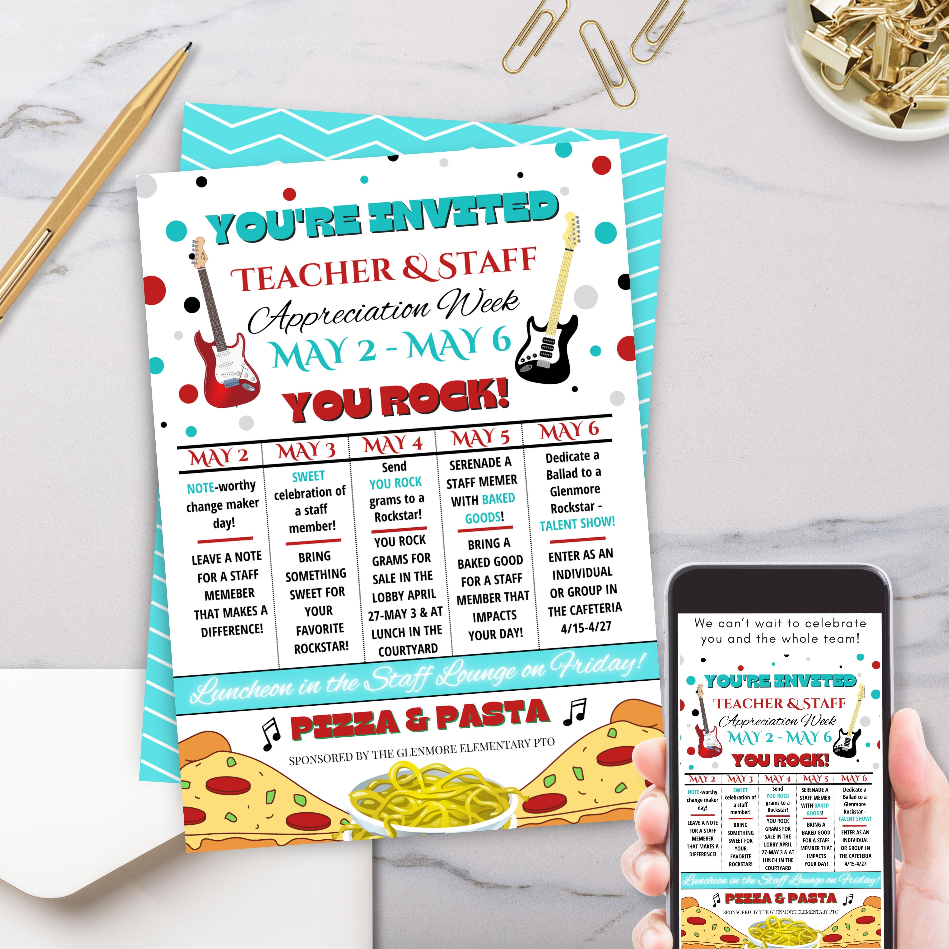 rockstar theme teacher appreciation week itinerary invitation