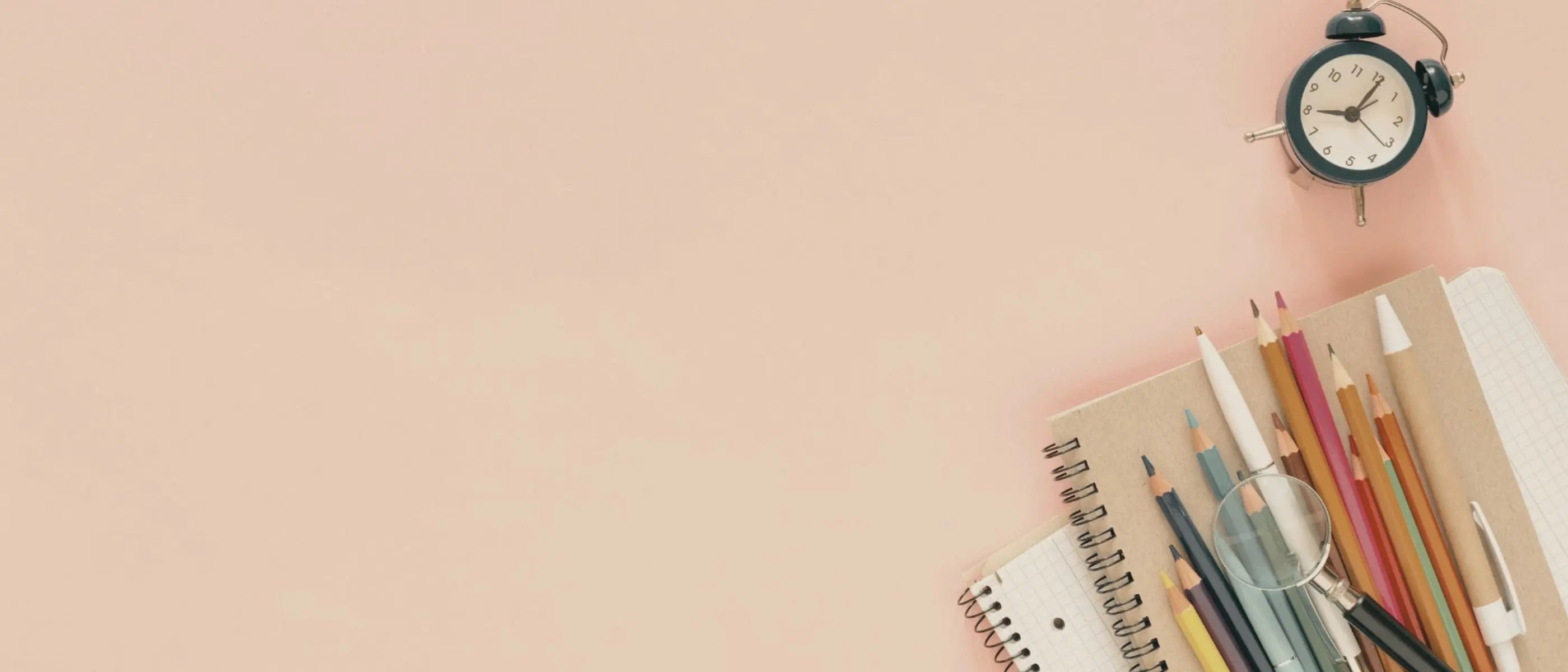 Photo of notebooks and pencils with clock on neutral beige surface representing a collection of back to school themed editable event templates by Simple Desert Designs.