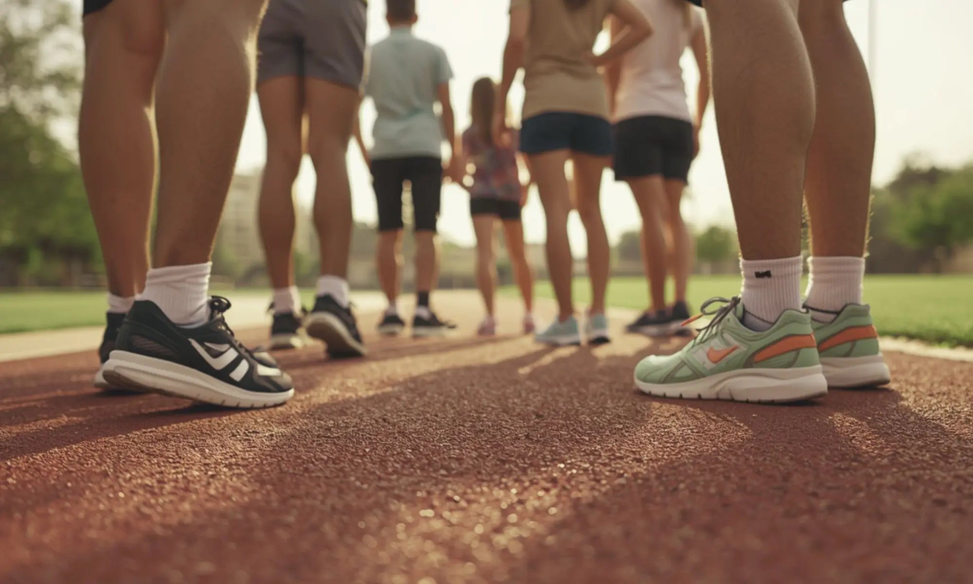 Detailed close-up of participants' sneakers standing on a community path, representing a charity fun run and walkathon fundraiser.