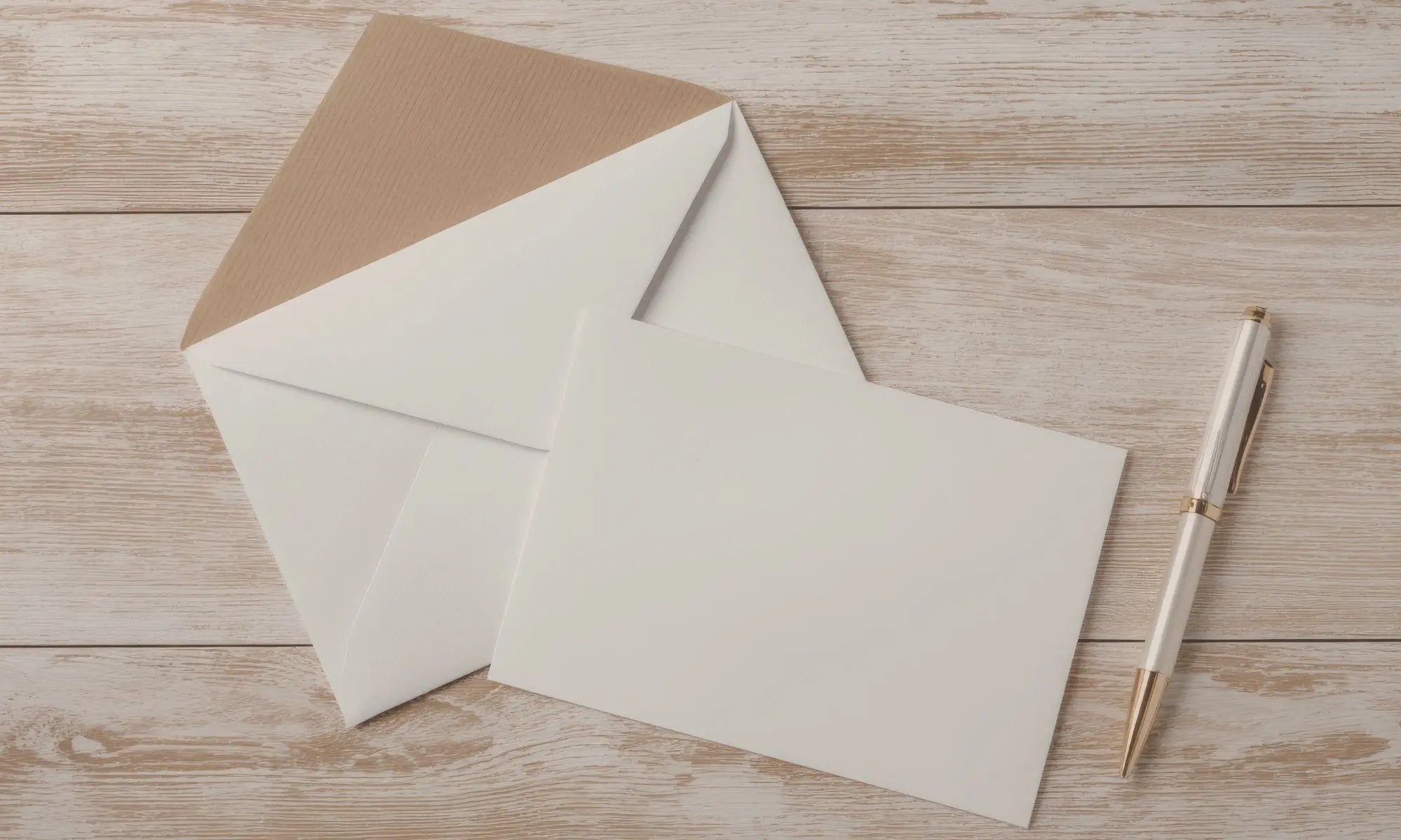 neutral wood surface with cardstock and envelopes with elegant pen