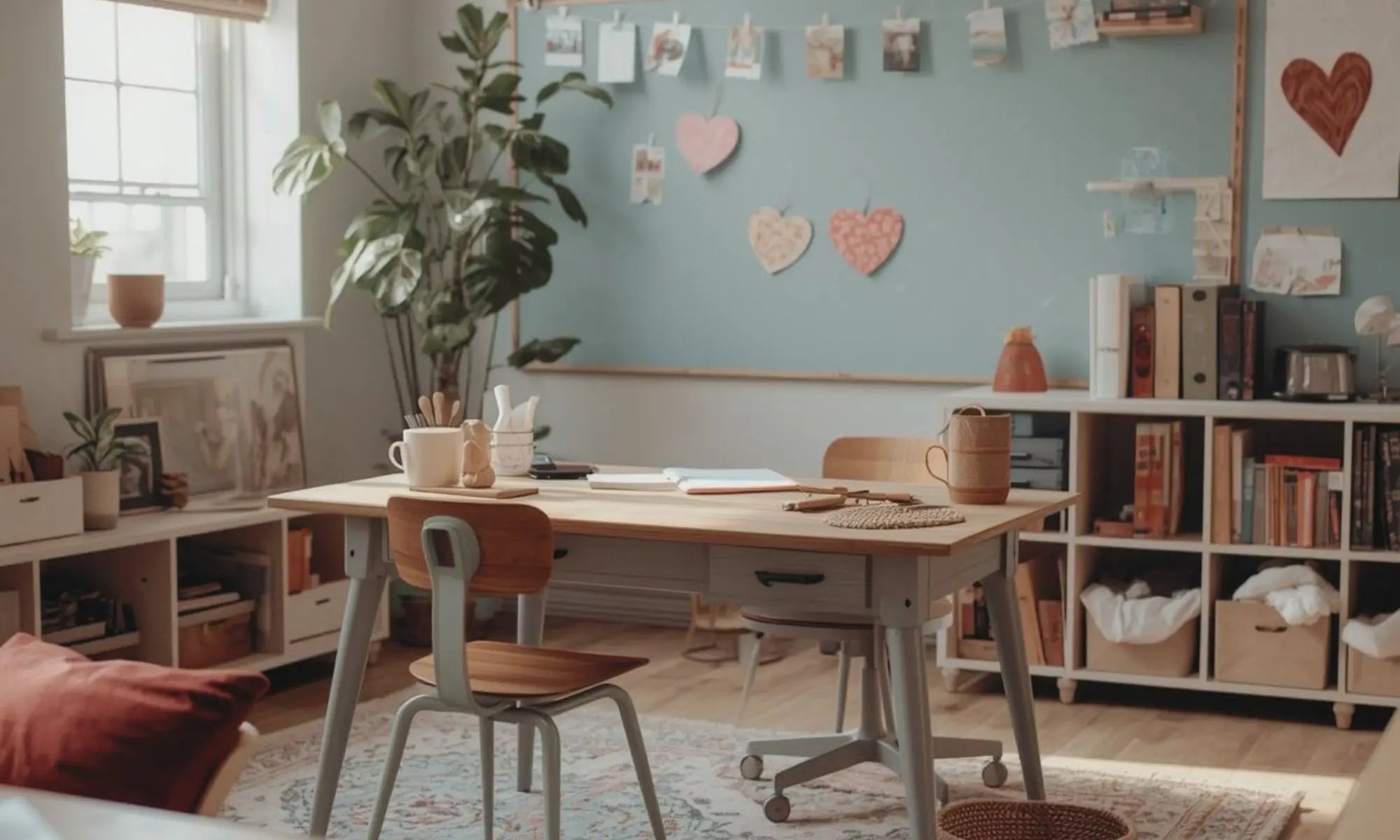 Cozy classroom with neutral warm colors representing a collection of meet the teacher themed flyers, and editable templates for classroom introductions, back-to-school nights and parent engagement events by Simple Desert Designs.