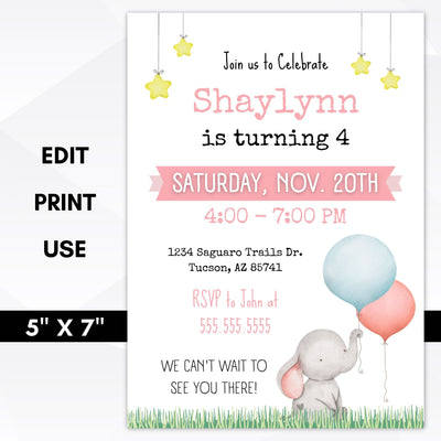 elephant birthday party invitation