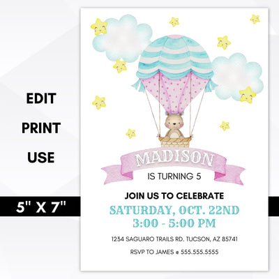 hot air balloon birthday party invitation