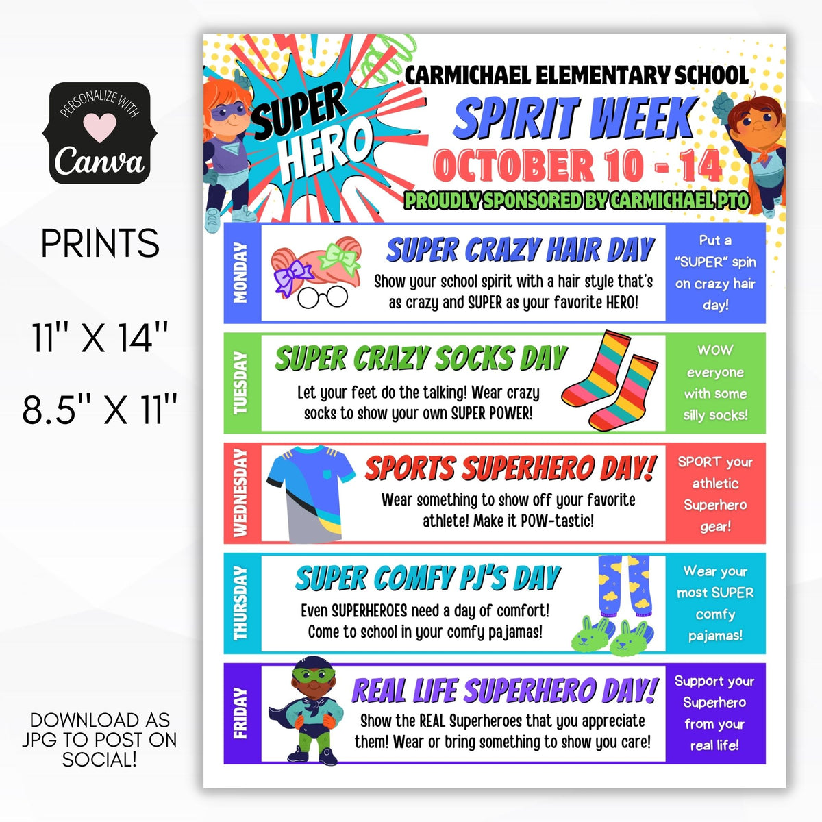 Superhero Spirit Week Schedule Flyer Template - Simple Desert Designs