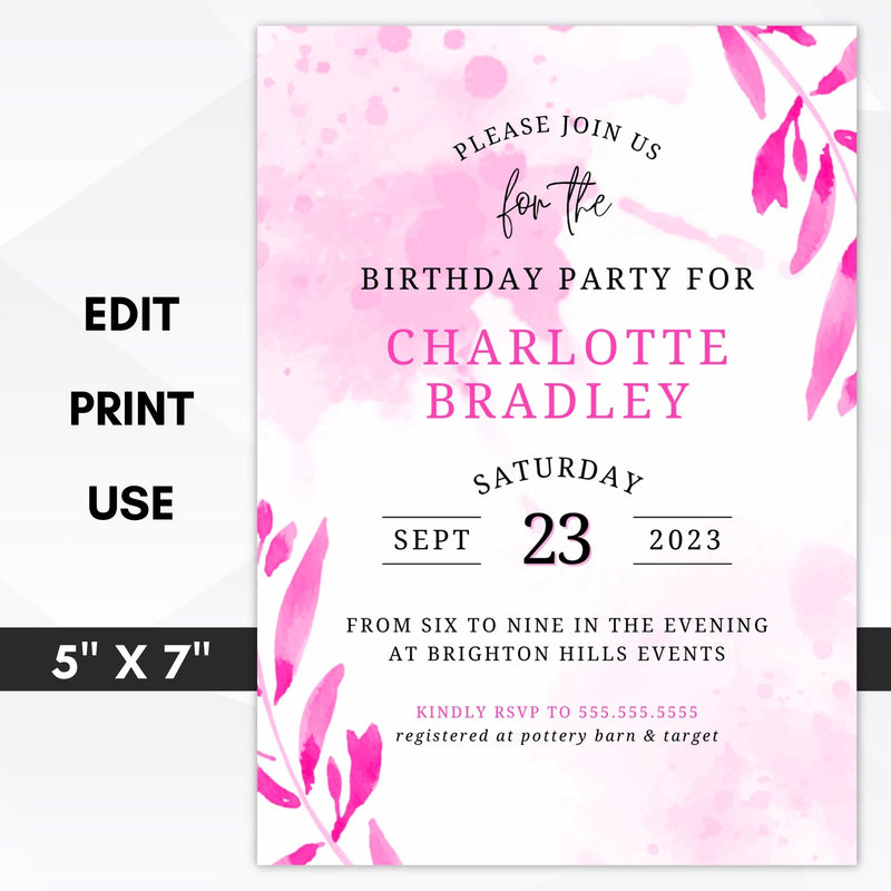 pink watercolor birthday party invitations