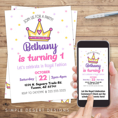 cute pink and purple theme first birthday invitation for little princess with a crown
