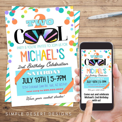 cute and fun two cool 2nd birthday party invitation digital and printed