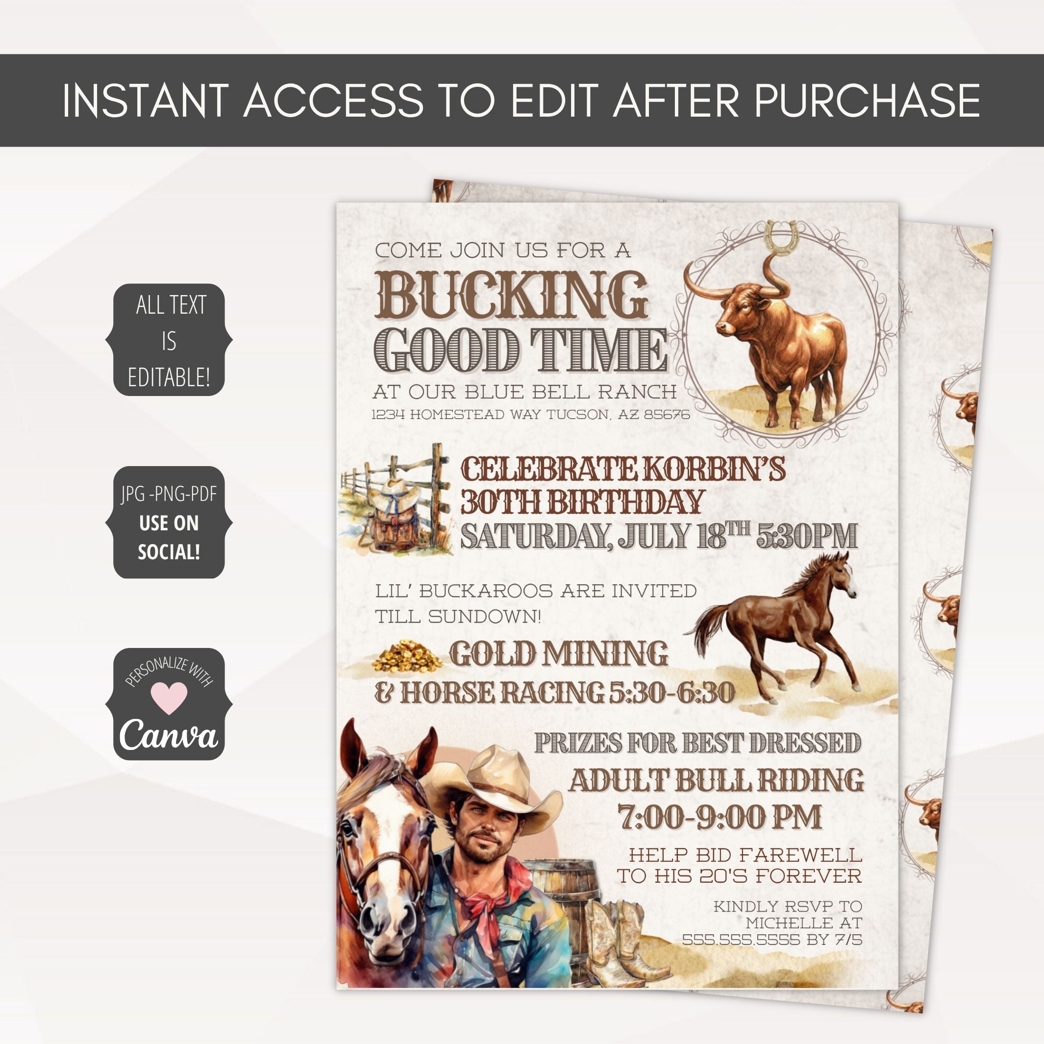 30th birthday party invitation for men with realistic watercolor horses, bull, western elements and vintage theme.