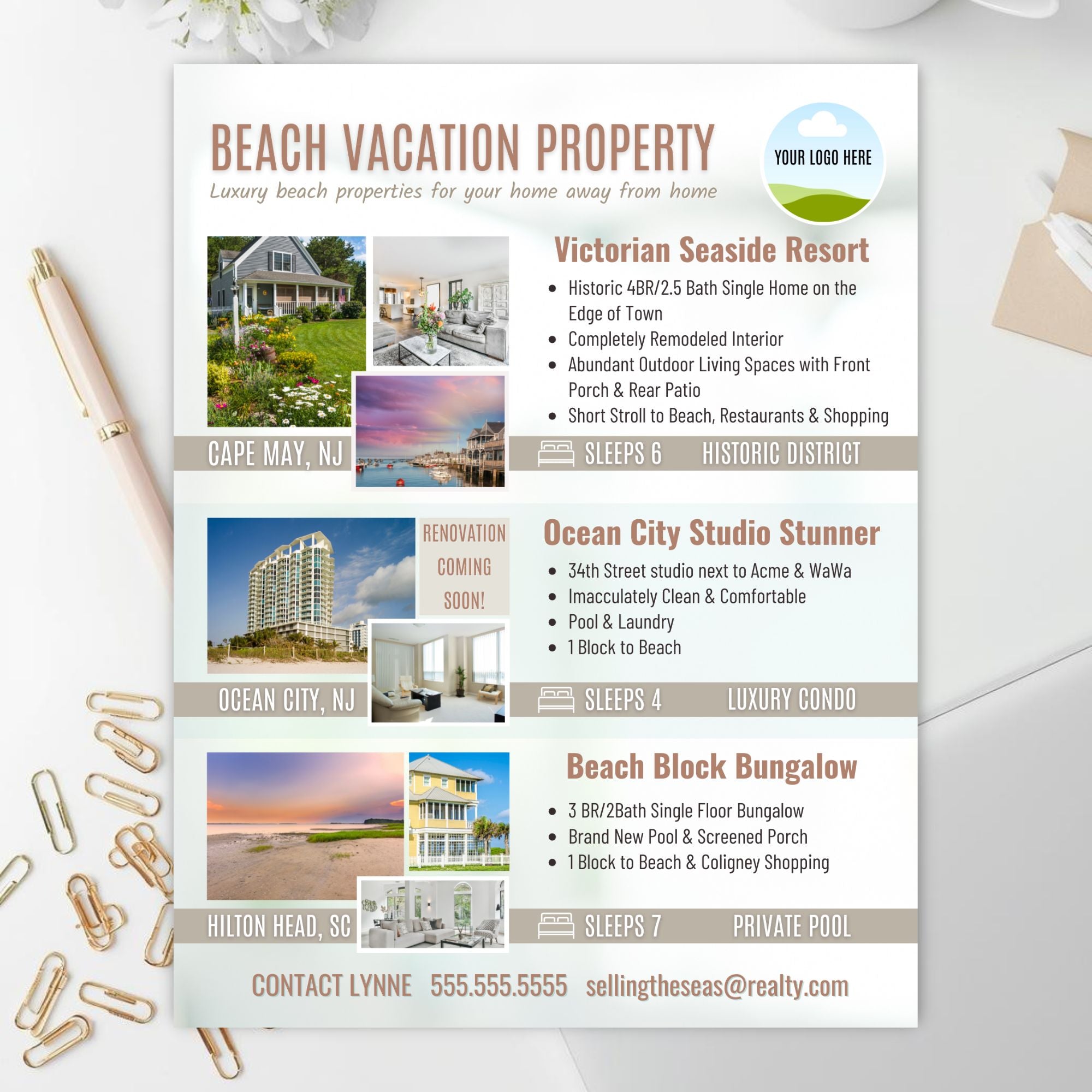 Real estate flyer for beach vacation properties with images and details on a white surface.