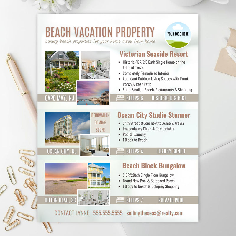 Real estate flyer for beach vacation properties with images and details on a white surface.