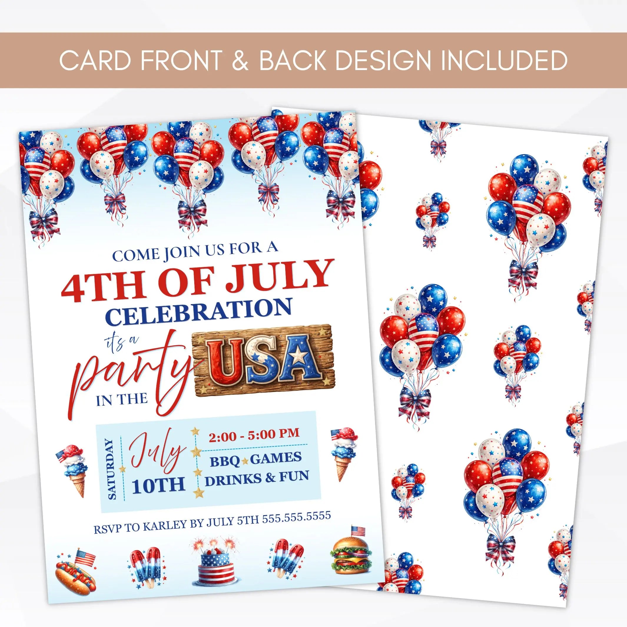 4th of July party invitation with balloons and text on a white background