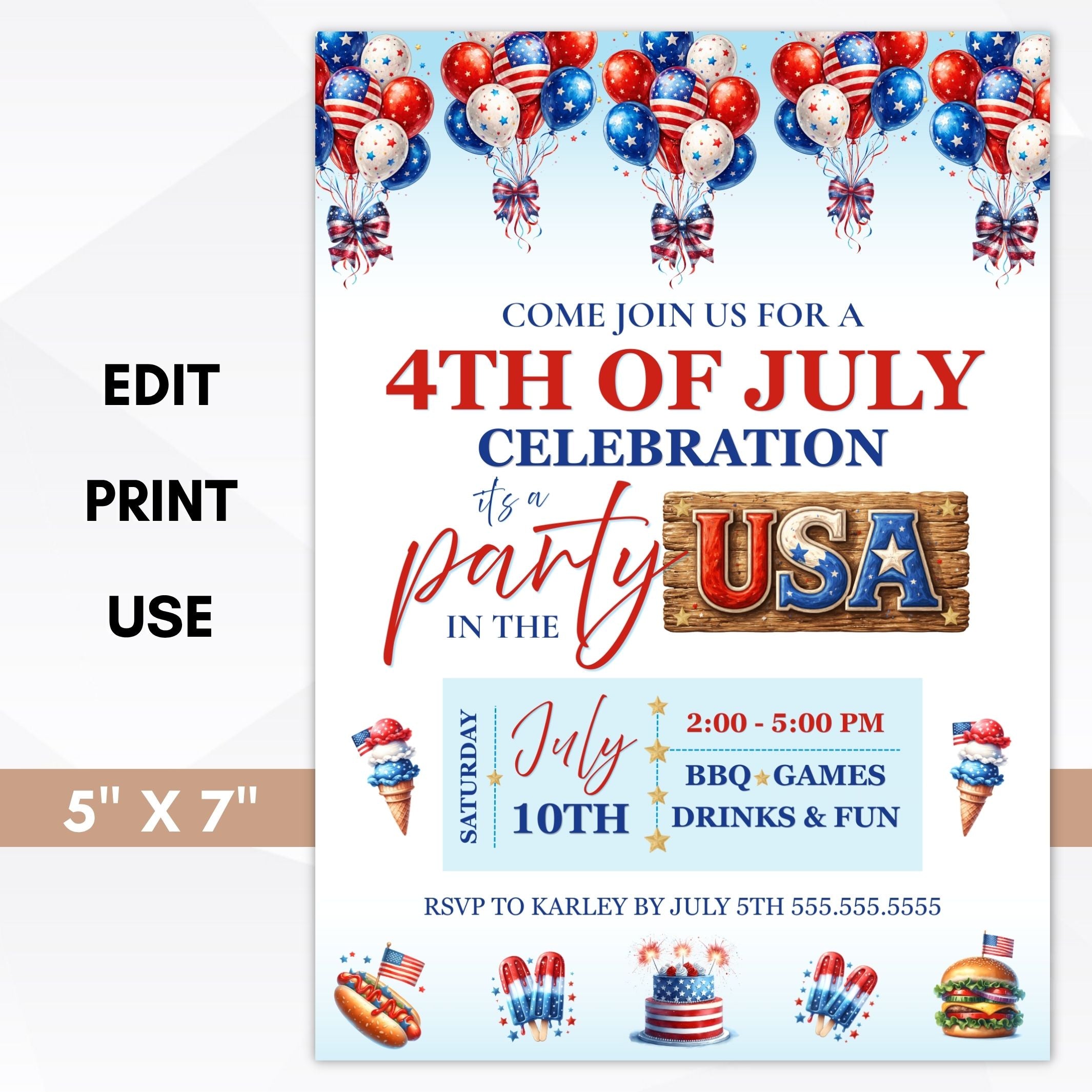 4th of July party invitation with balloons and event details.