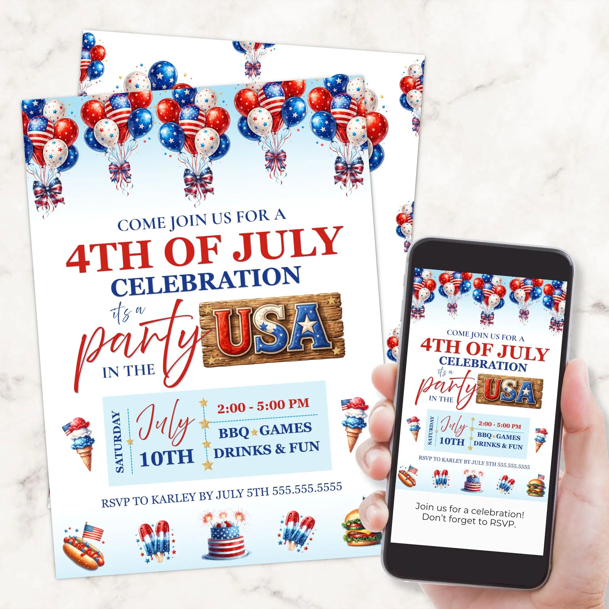 4th of July party invitation with balloons and a phone displaying the same design.