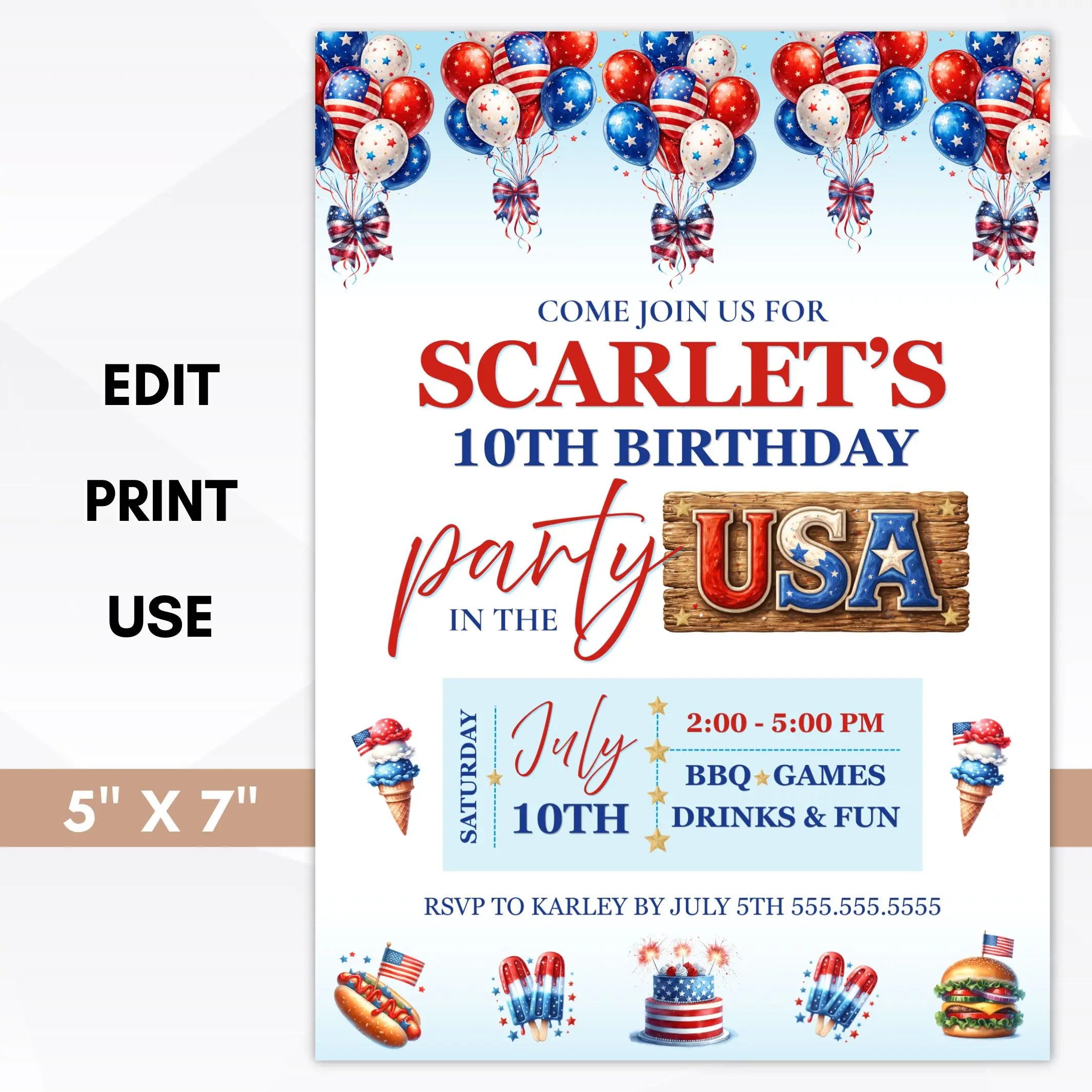 Birthday party invitation with balloons, food icons, and text for Scarlet's 10th birthday.
