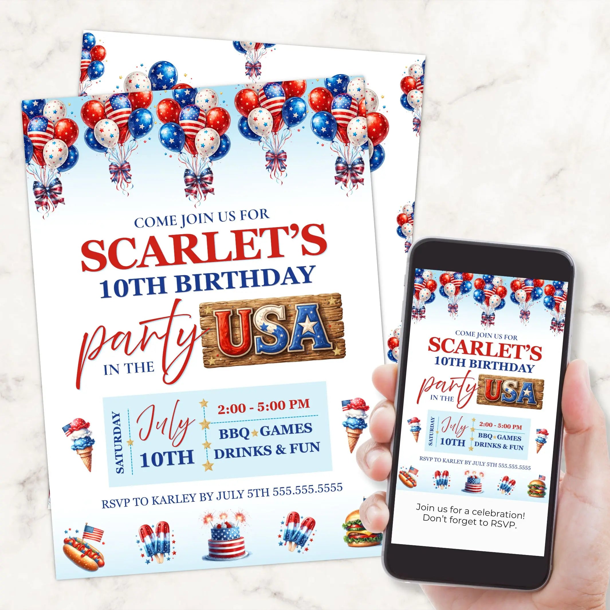 Birthday party invitation with American flag theme held by a hand with a phone showing the digital version.