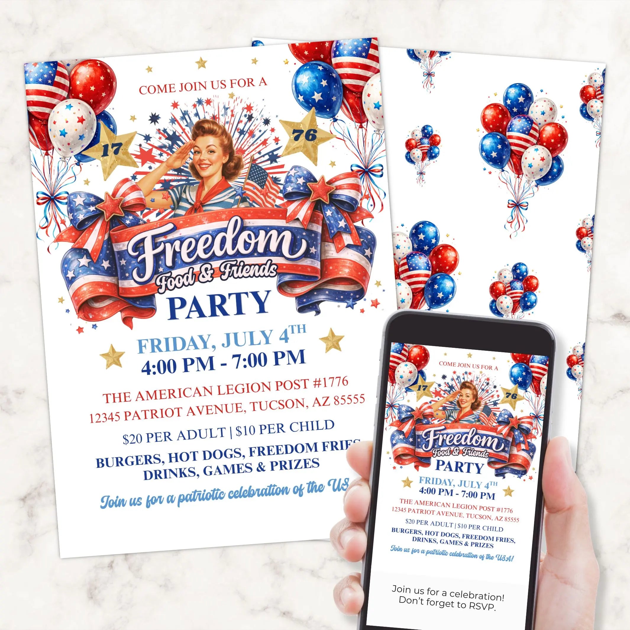 Invitation card for a 'Freedom Good & Friends' party with balloons and a phone displaying the same design.