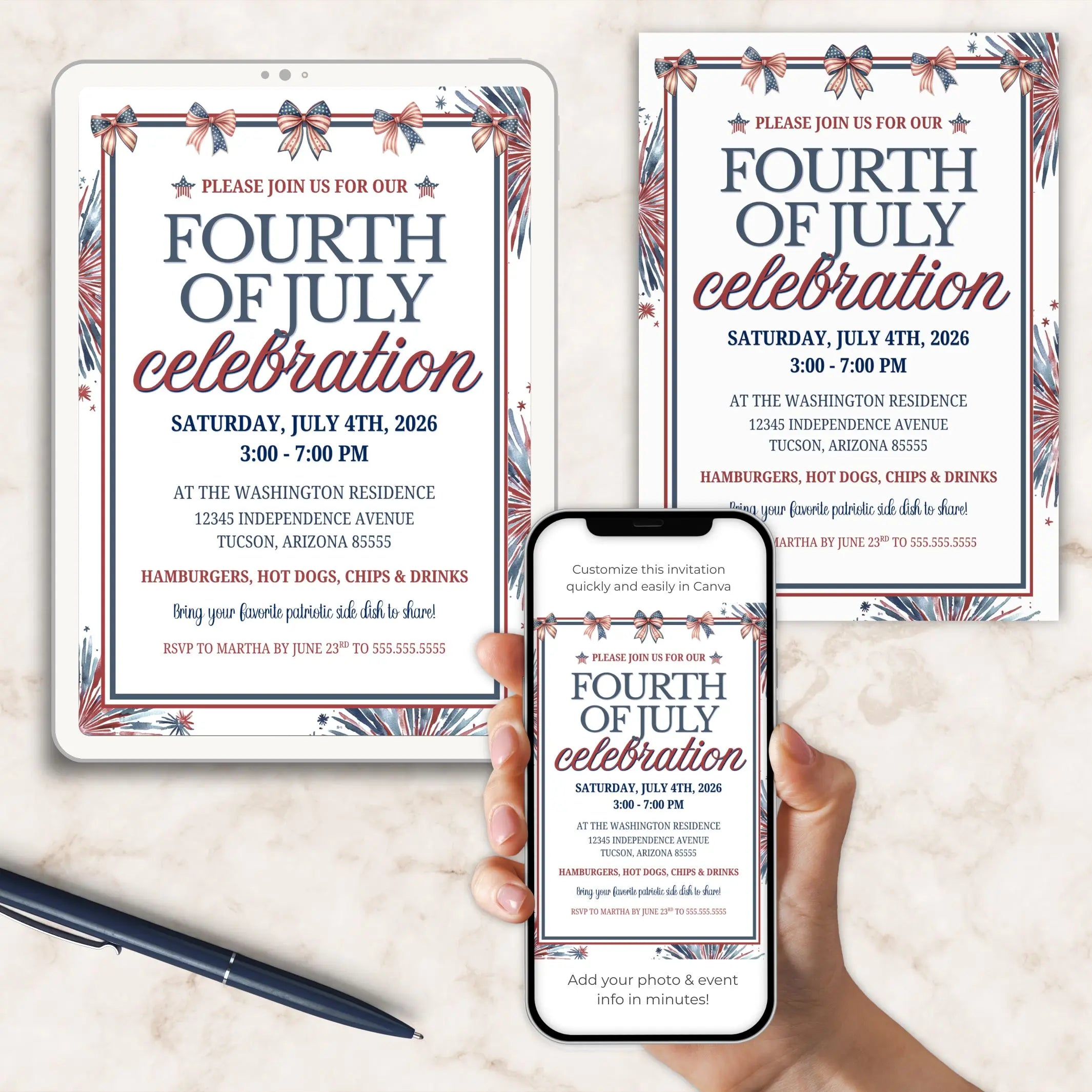 Fourth of July celebration invitation on a tablet, phone, and paper with decorative elements.