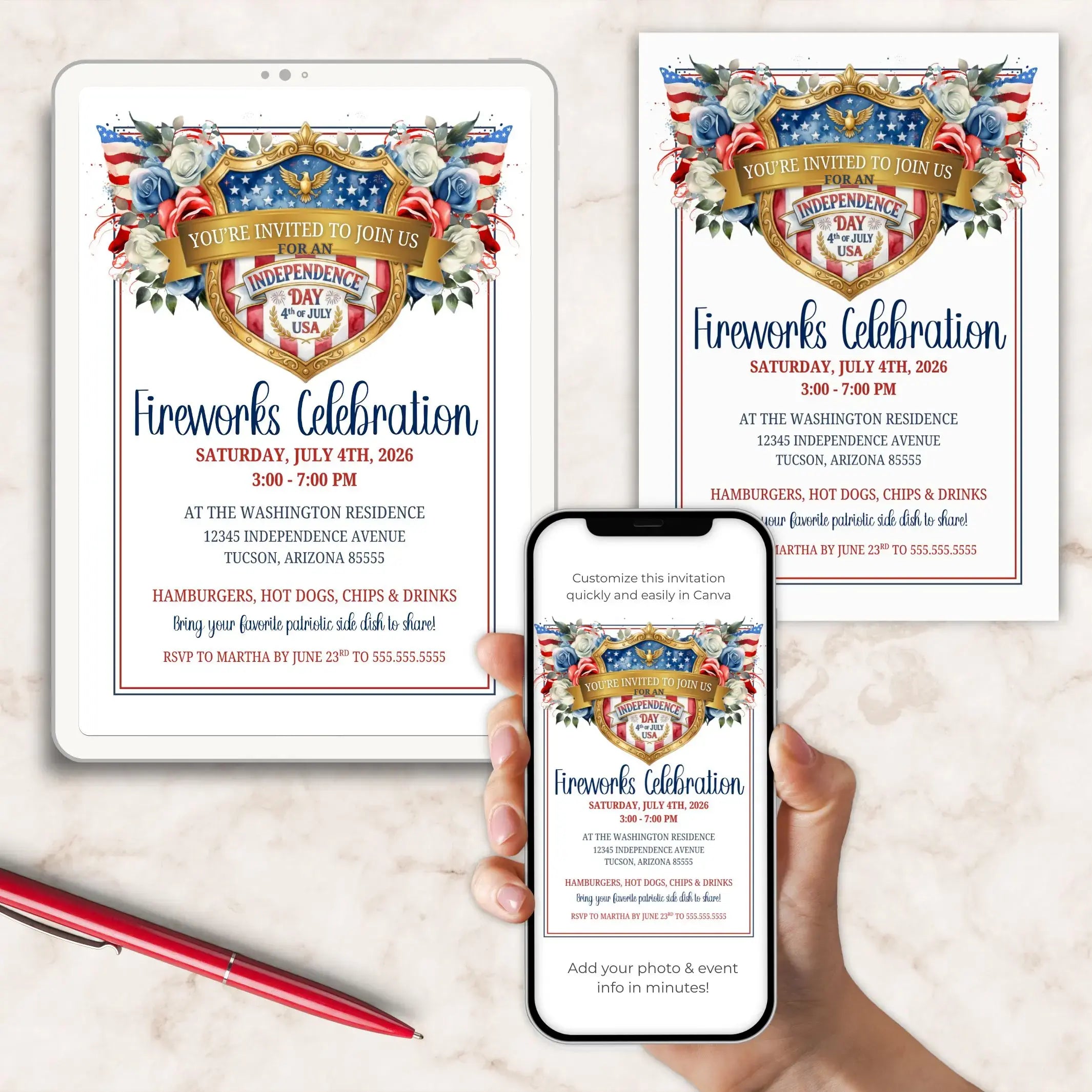 Independence Day fireworks celebration invitation on a tablet, phone, and paper with a pen.